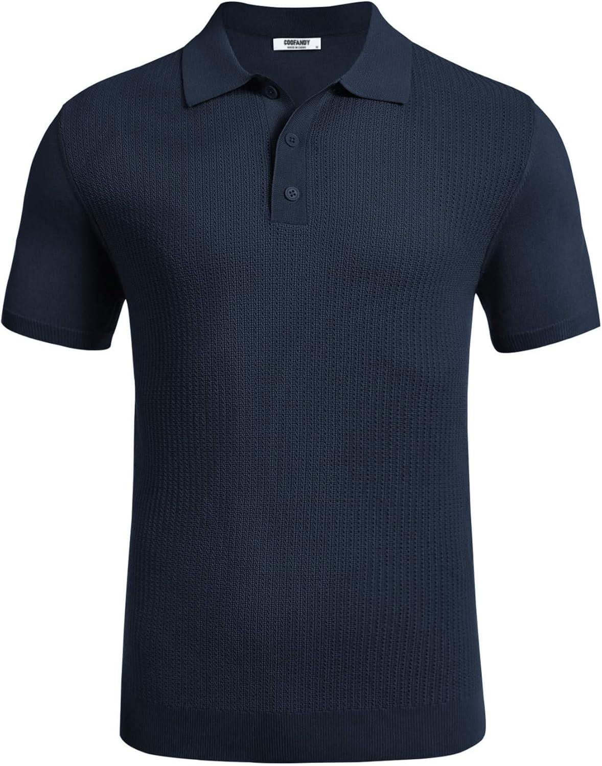 imageCOOFANDY Mens Knit Polo Shirts Short Sleeve Casual Button Down Shirts Vintage Collared Golf ShirtsNavy Blue