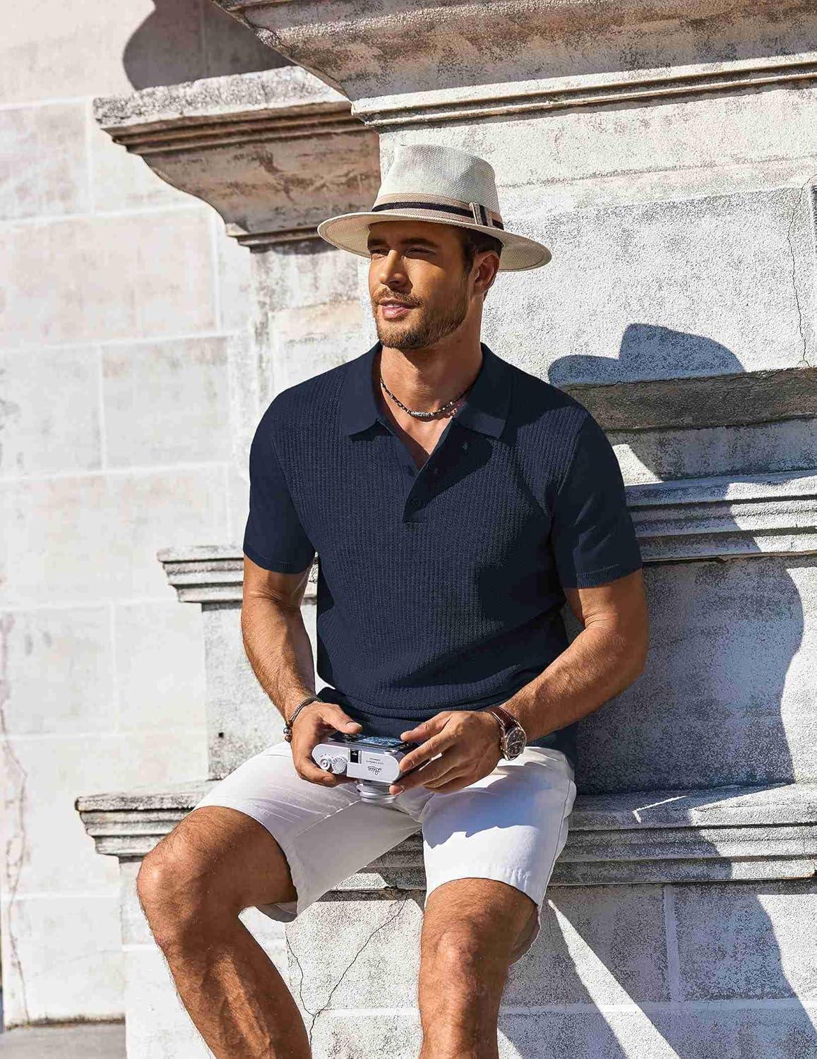 imageCOOFANDY Mens Knit Polo Shirts Short Sleeve Casual Button Down Shirts Vintage Collared Golf ShirtsNavy Blue