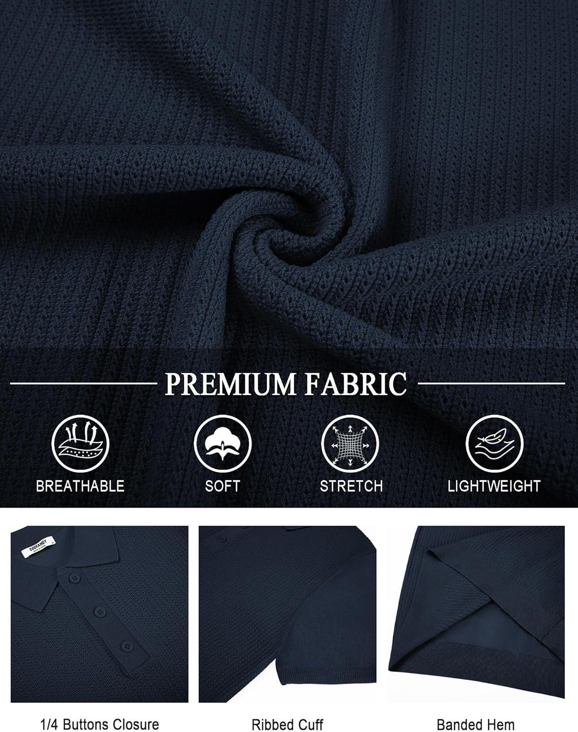 imageCOOFANDY Mens Knit Polo Shirts Short Sleeve Casual Button Down Shirts Vintage Collared Golf ShirtsNavy Blue