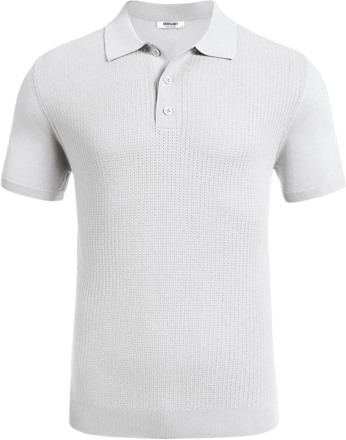 imageCOOFANDY Mens Knit Polo Shirts Short Sleeve Casual Button Down Shirts Vintage Collared Golf ShirtsWhite