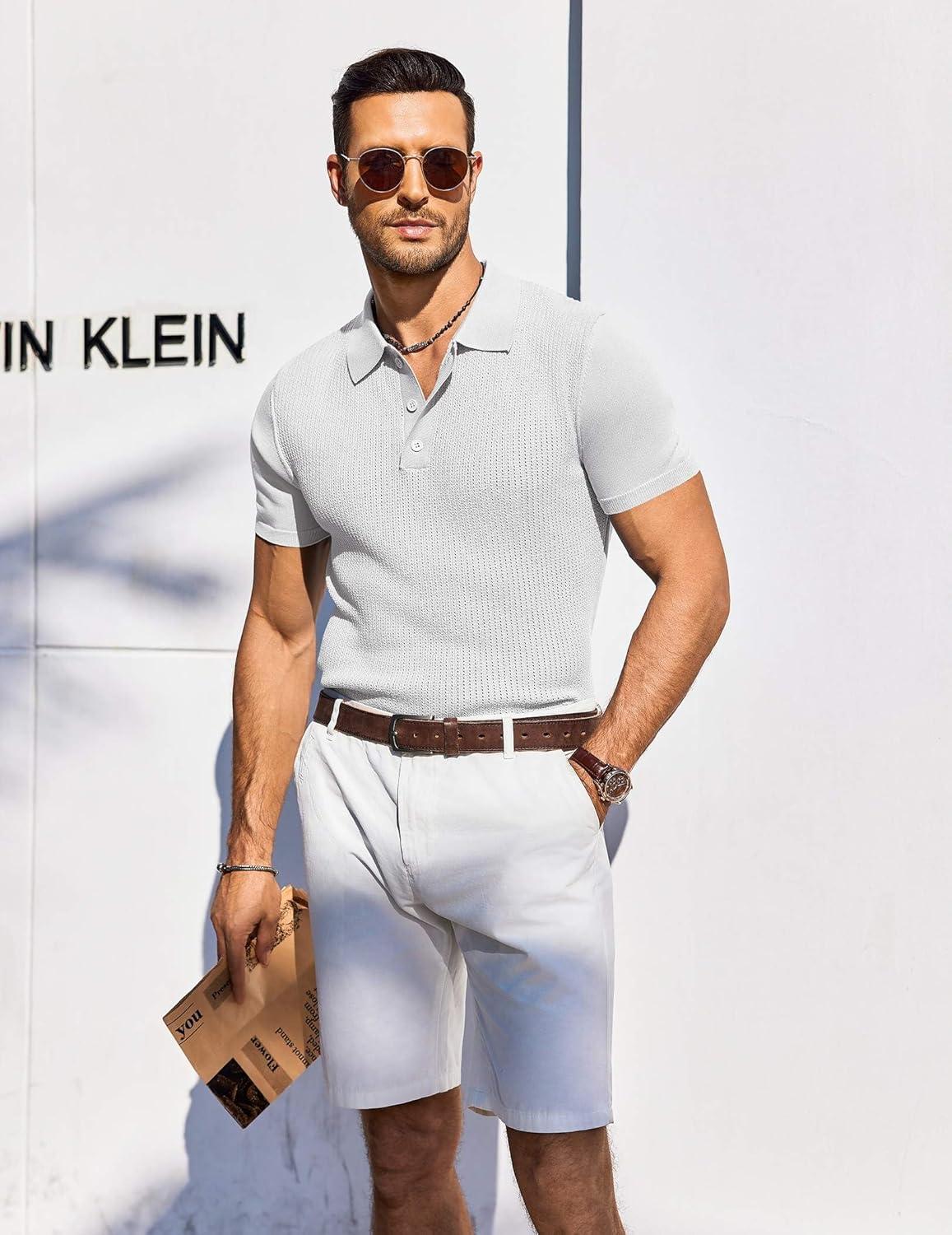 imageCOOFANDY Mens Knit Polo Shirts Short Sleeve Casual Button Down Shirts Vintage Collared Golf ShirtsWhite