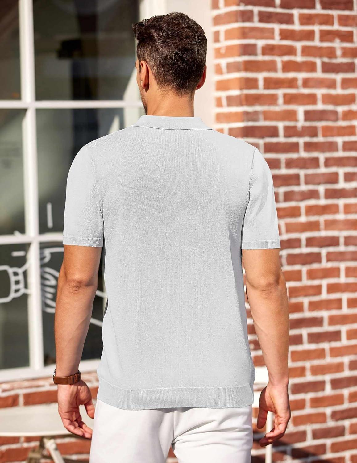 imageCOOFANDY Mens Knit Polo Shirts Short Sleeve Casual Button Down Shirts Vintage Collared Golf ShirtsWhite
