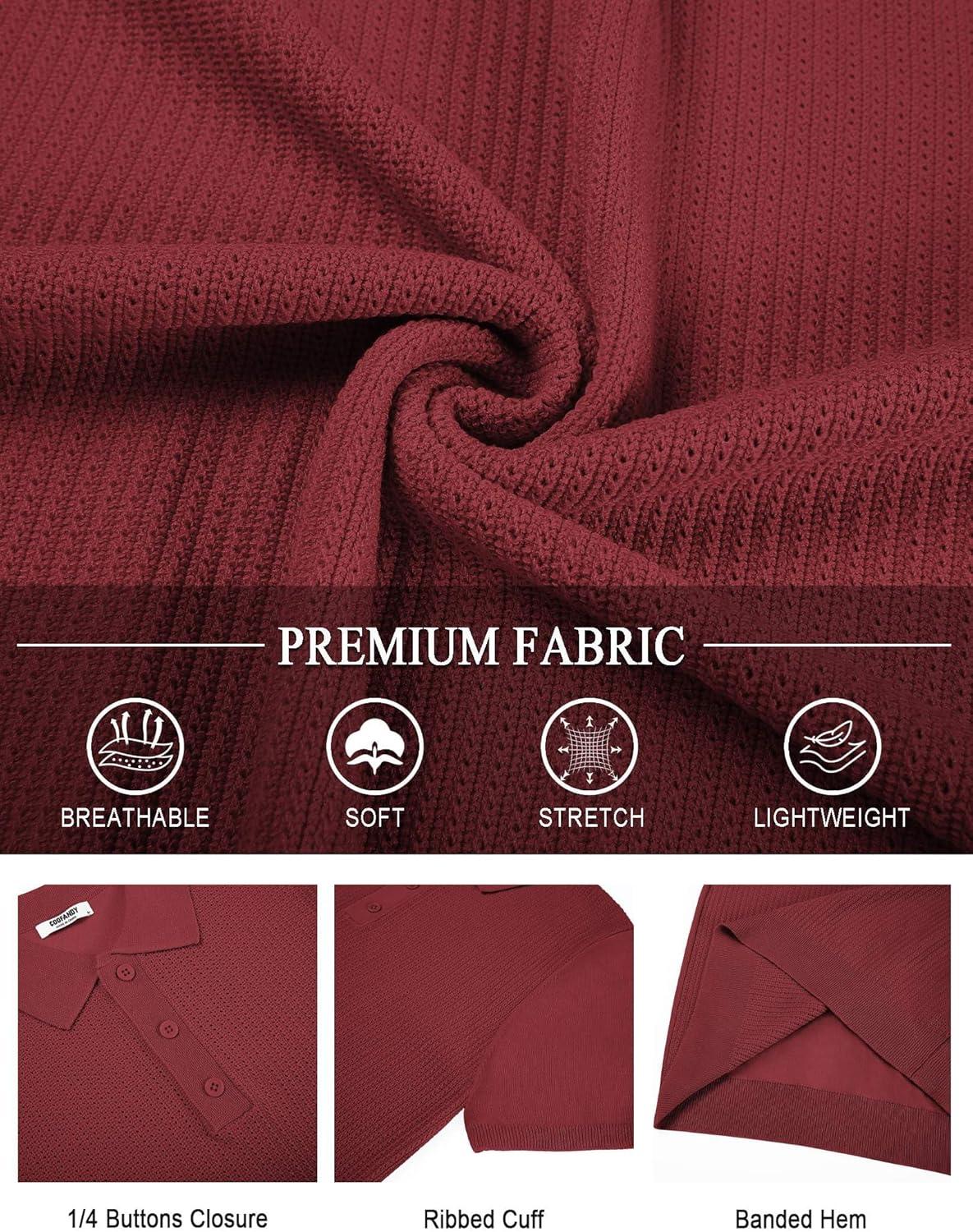 imageCOOFANDY Mens Knit Polo Shirts Short Sleeve Casual Button Down Shirts Vintage Collared Golf ShirtsWine Red