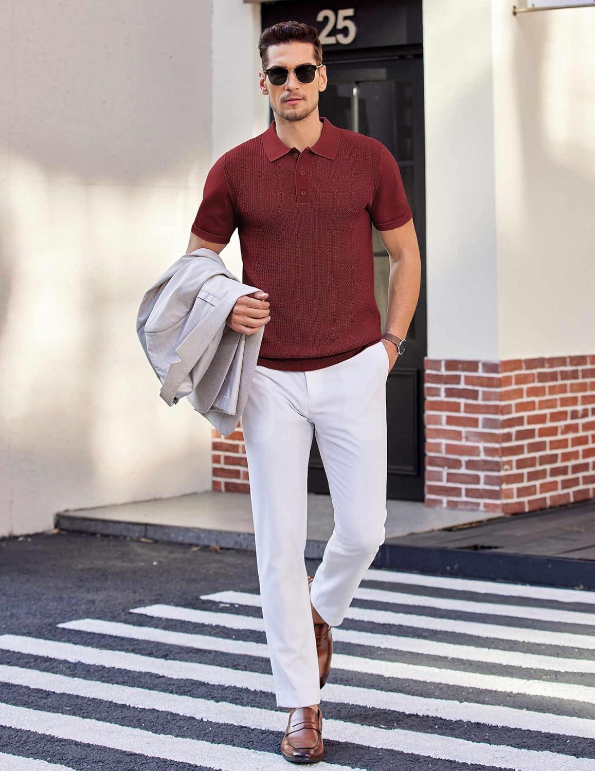 imageCOOFANDY Mens Knit Polo Shirts Short Sleeve Casual Button Down Shirts Vintage Collared Golf ShirtsWine Red