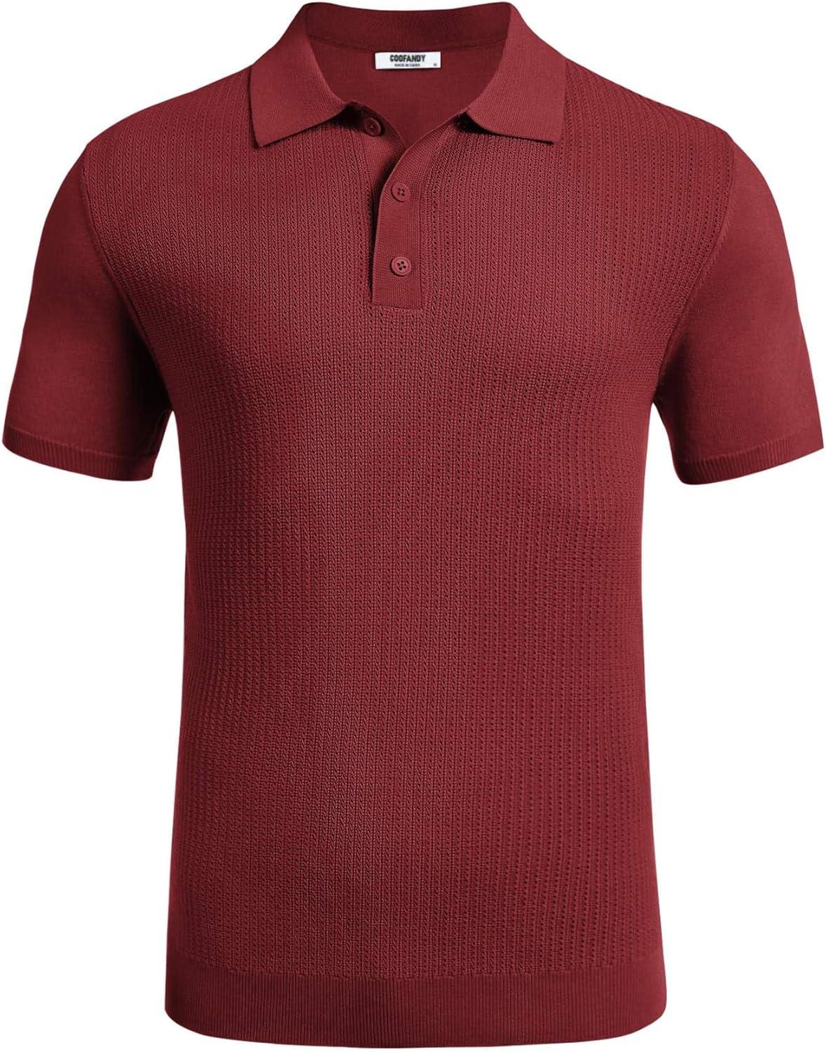 imageCOOFANDY Mens Knit Polo Shirts Short Sleeve Casual Button Down Shirts Vintage Collared Golf ShirtsWine Red