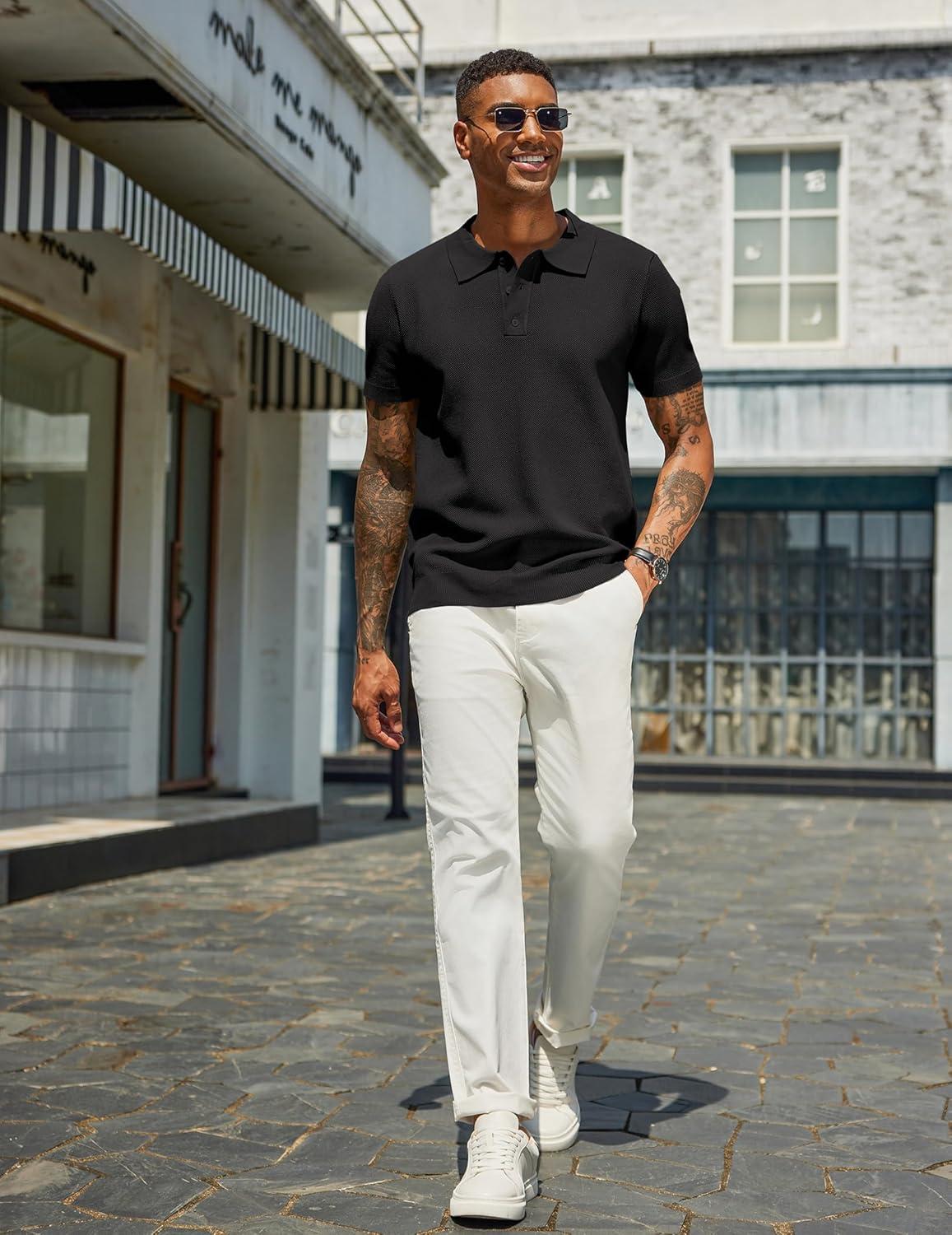 imageCOOFANDY Mens Knit Polo Shirts Short Sleeve Classic Fit Shirts Casual Goft Collared Textured T Shirt01black