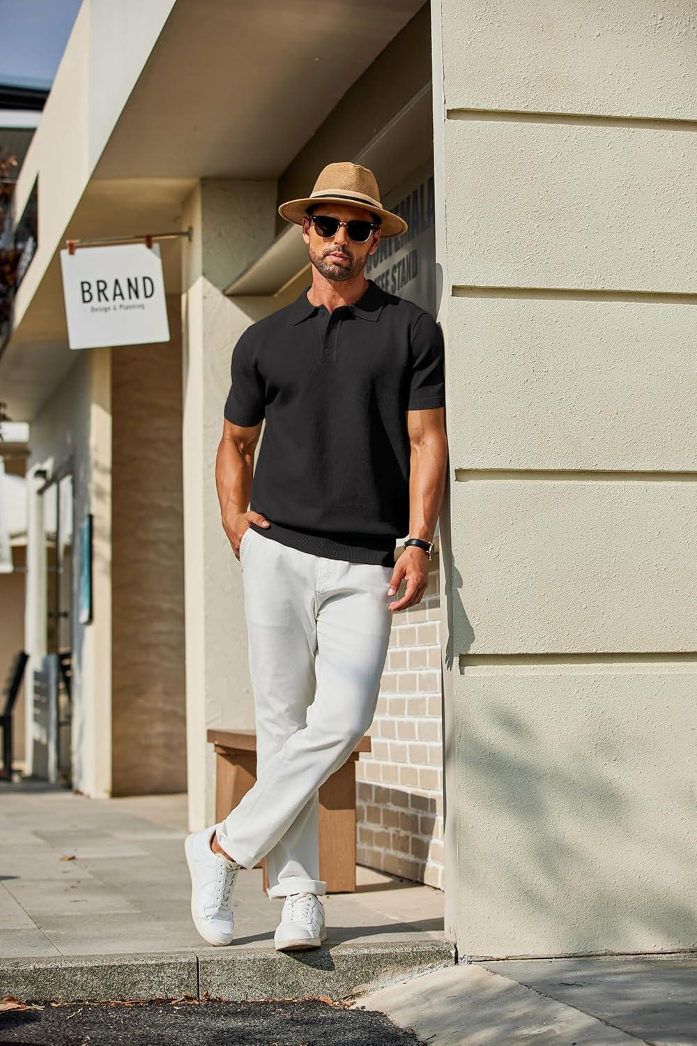 imageCOOFANDY Mens Knit Polo Shirts Short Sleeve Classic Fit Shirts Casual Goft Collared Textured T Shirt01black