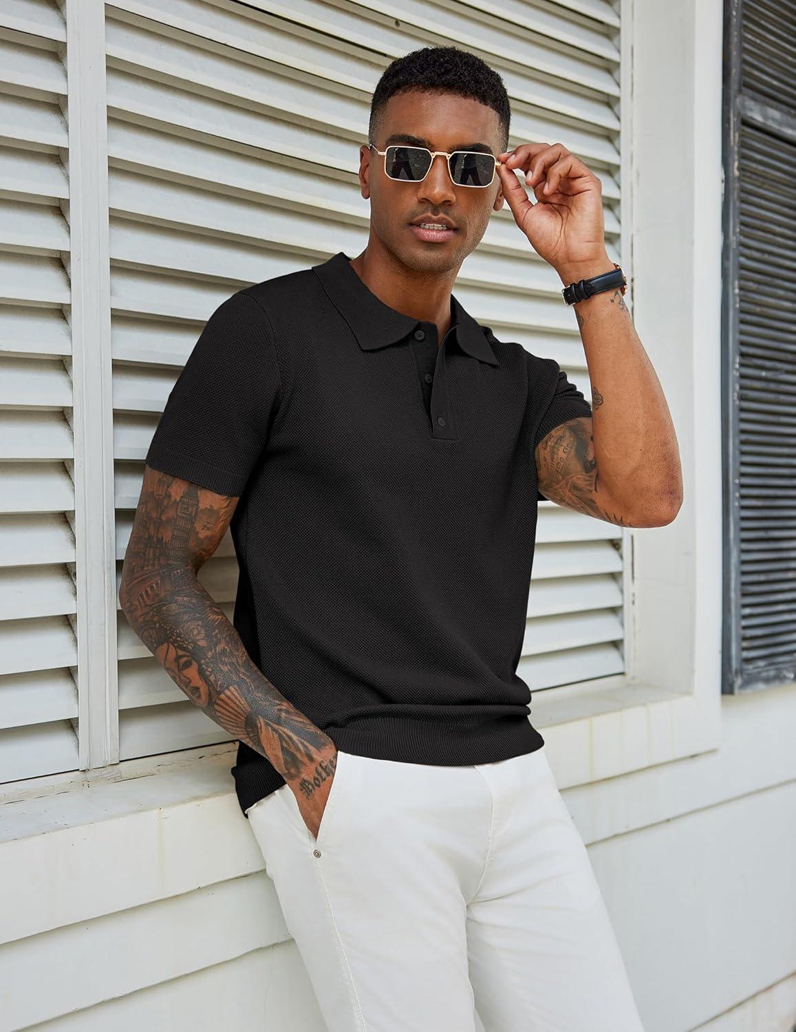 imageCOOFANDY Mens Knit Polo Shirts Short Sleeve Classic Fit Shirts Casual Goft Collared Textured T Shirt01black