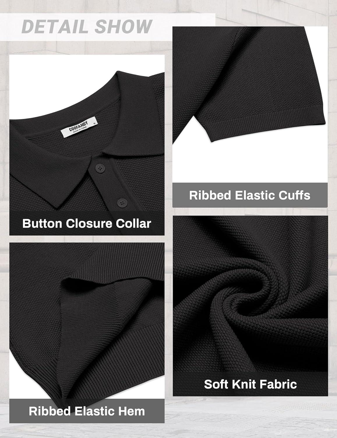 imageCOOFANDY Mens Knit Polo Shirts Short Sleeve Classic Fit Shirts Casual Goft Collared Textured T Shirt01black