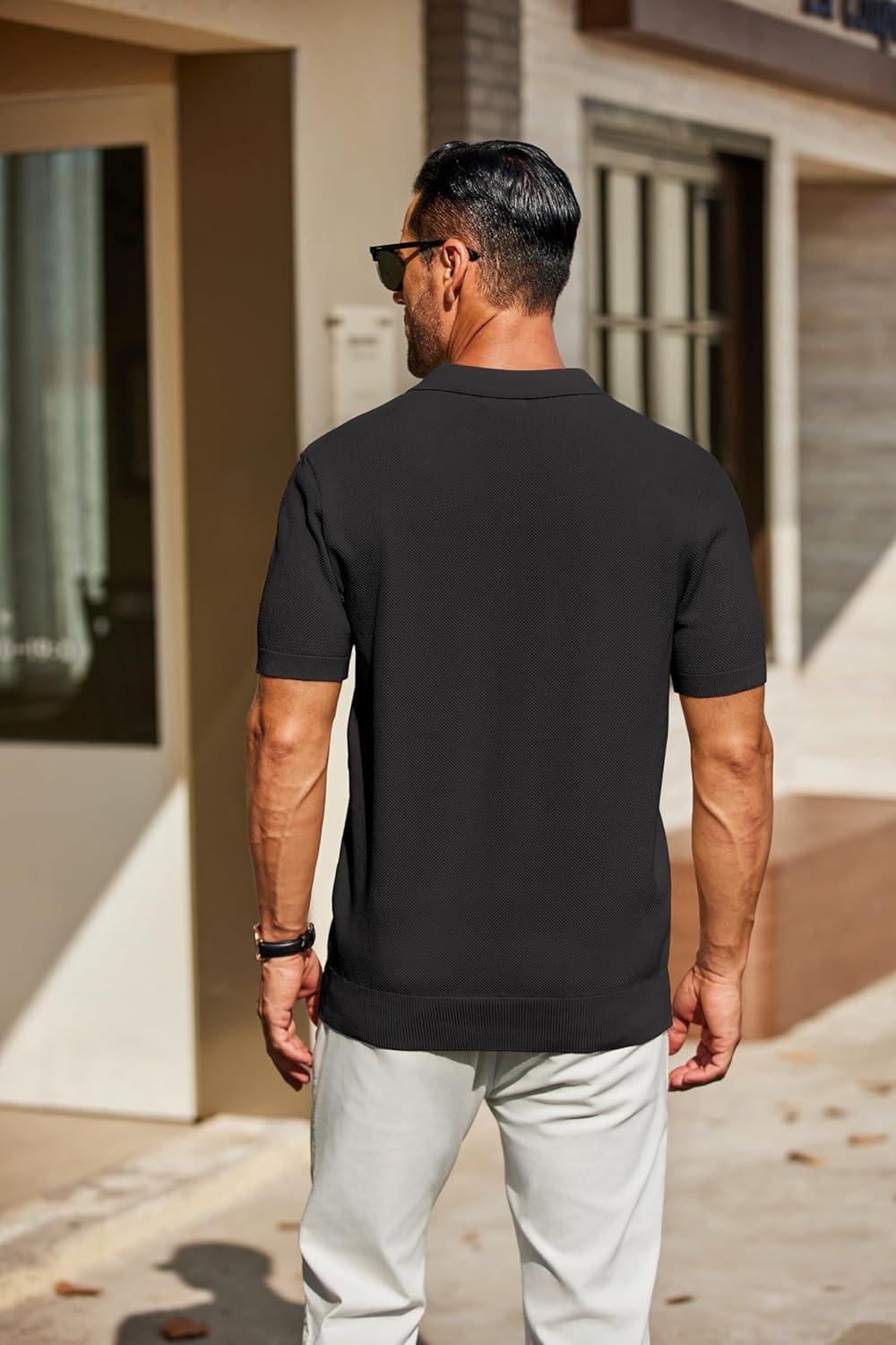 imageCOOFANDY Mens Knit Polo Shirts Short Sleeve Classic Fit Shirts Casual Goft Collared Textured T Shirt01black