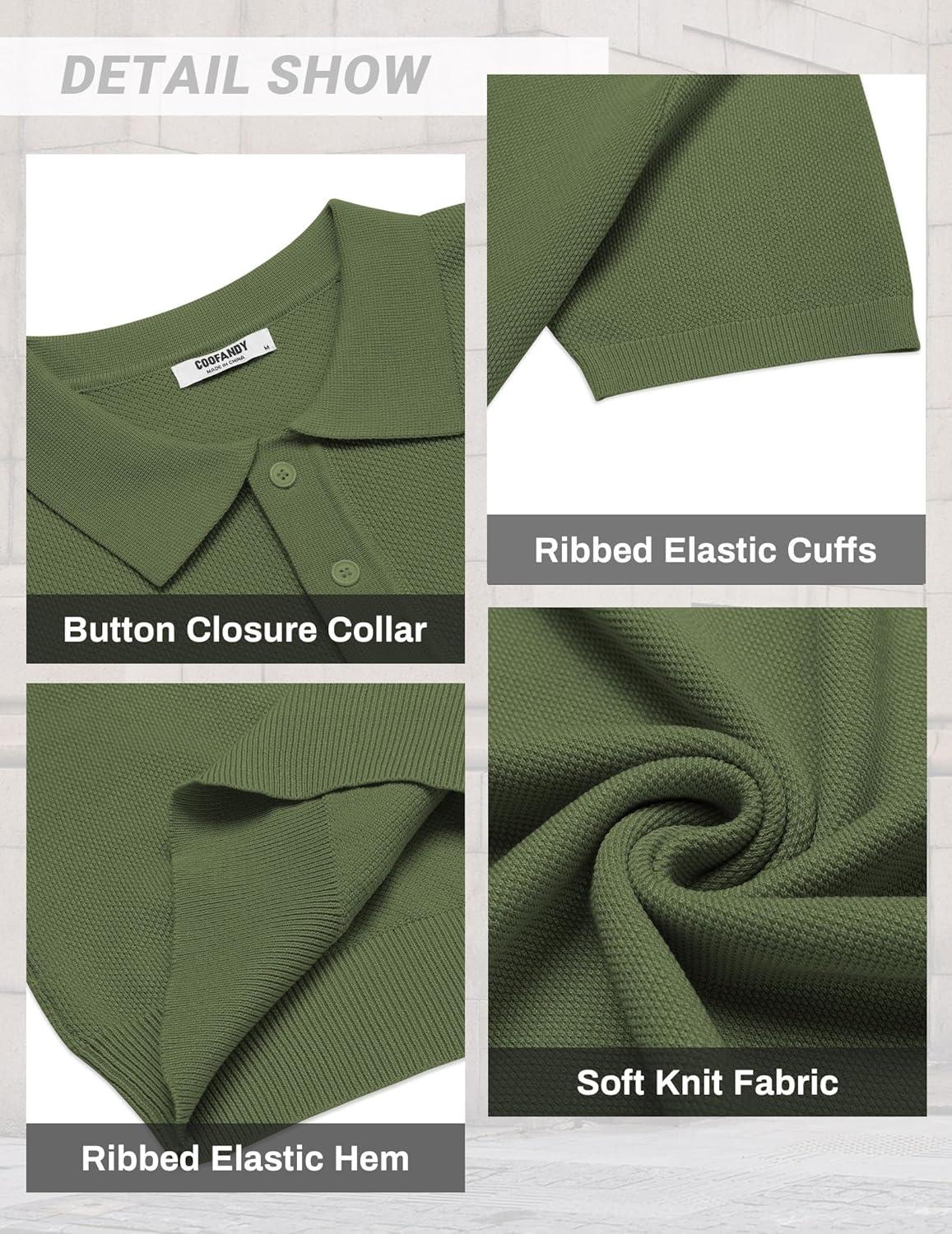 imageCOOFANDY Mens Knit Polo Shirts Short Sleeve Classic Fit Shirts Casual Goft Collared Textured T ShirtArmy Green