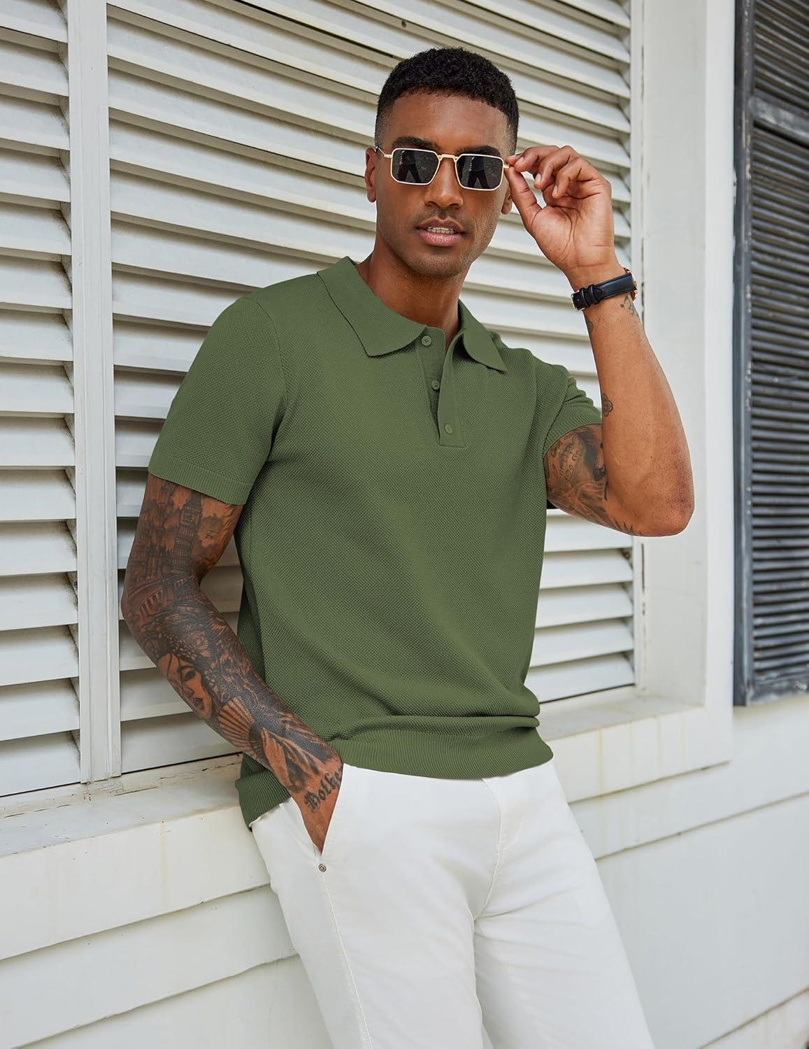 imageCOOFANDY Mens Knit Polo Shirts Short Sleeve Classic Fit Shirts Casual Goft Collared Textured T ShirtArmy Green