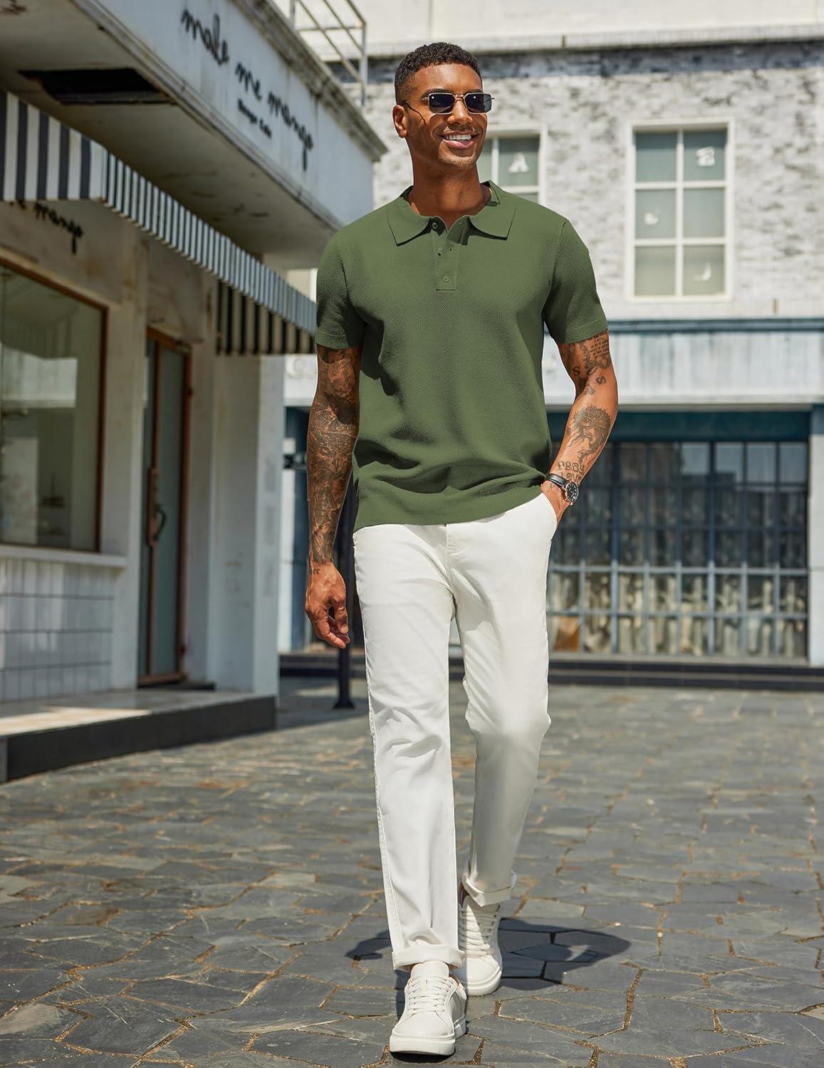 imageCOOFANDY Mens Knit Polo Shirts Short Sleeve Classic Fit Shirts Casual Goft Collared Textured T ShirtArmy Green