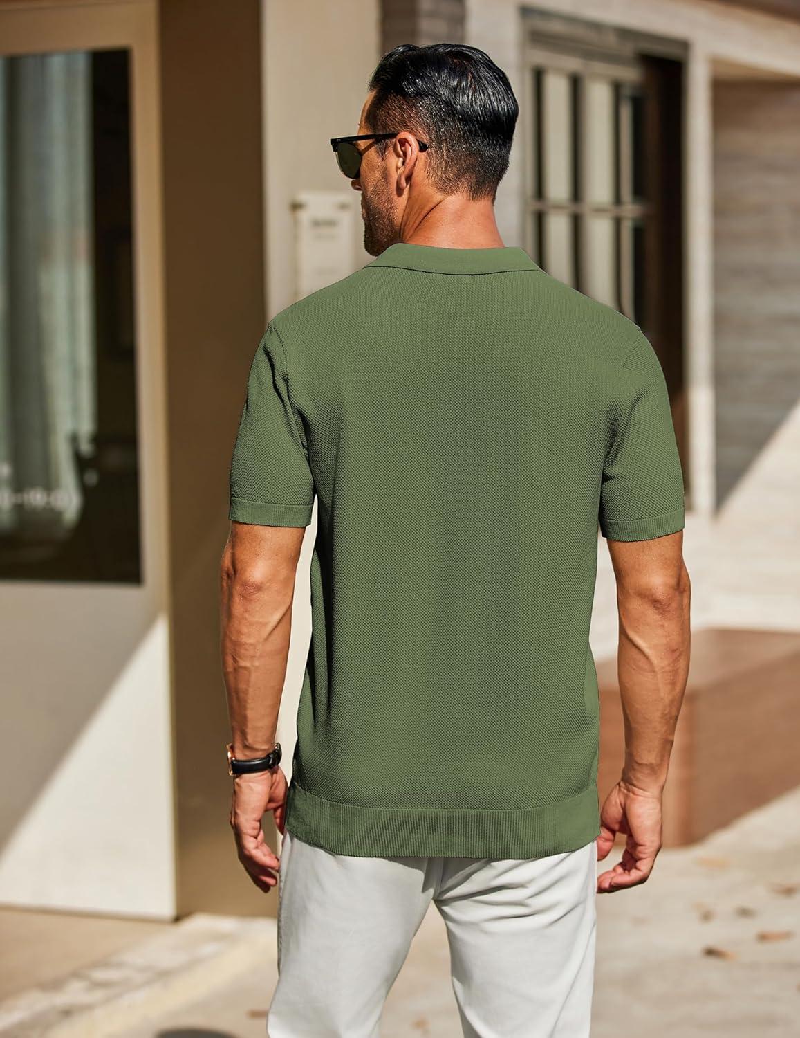 imageCOOFANDY Mens Knit Polo Shirts Short Sleeve Classic Fit Shirts Casual Goft Collared Textured T ShirtArmy Green