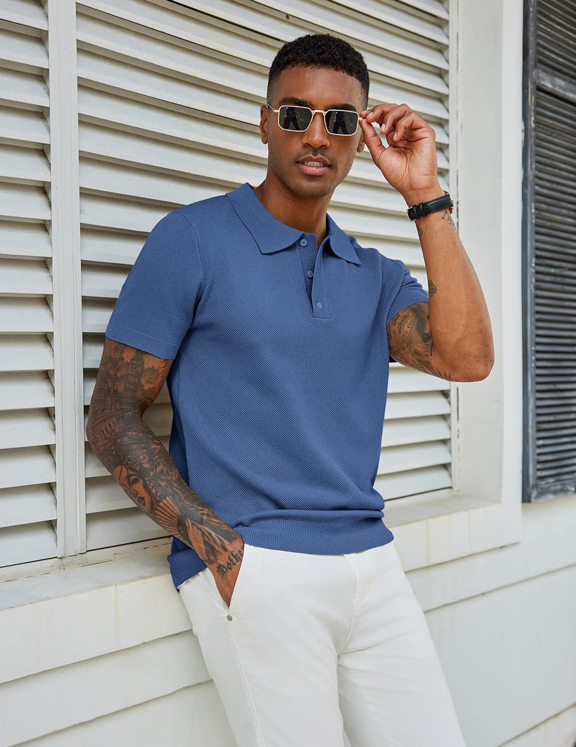 imageCOOFANDY Mens Knit Polo Shirts Short Sleeve Classic Fit Shirts Casual Goft Collared Textured T ShirtBlue