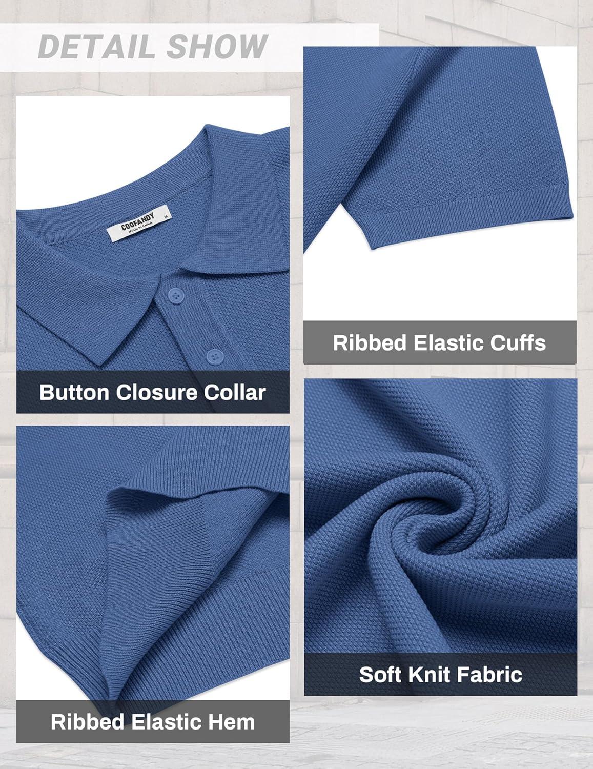 imageCOOFANDY Mens Knit Polo Shirts Short Sleeve Classic Fit Shirts Casual Goft Collared Textured T ShirtBlue