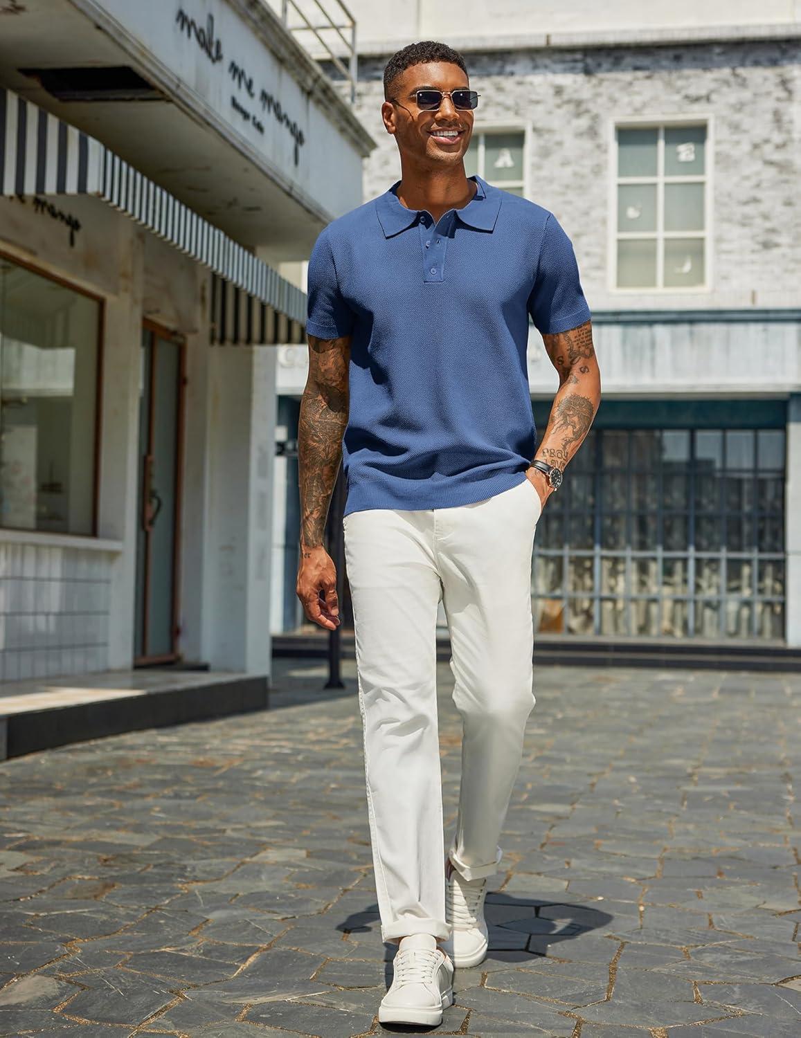 imageCOOFANDY Mens Knit Polo Shirts Short Sleeve Classic Fit Shirts Casual Goft Collared Textured T ShirtBlue