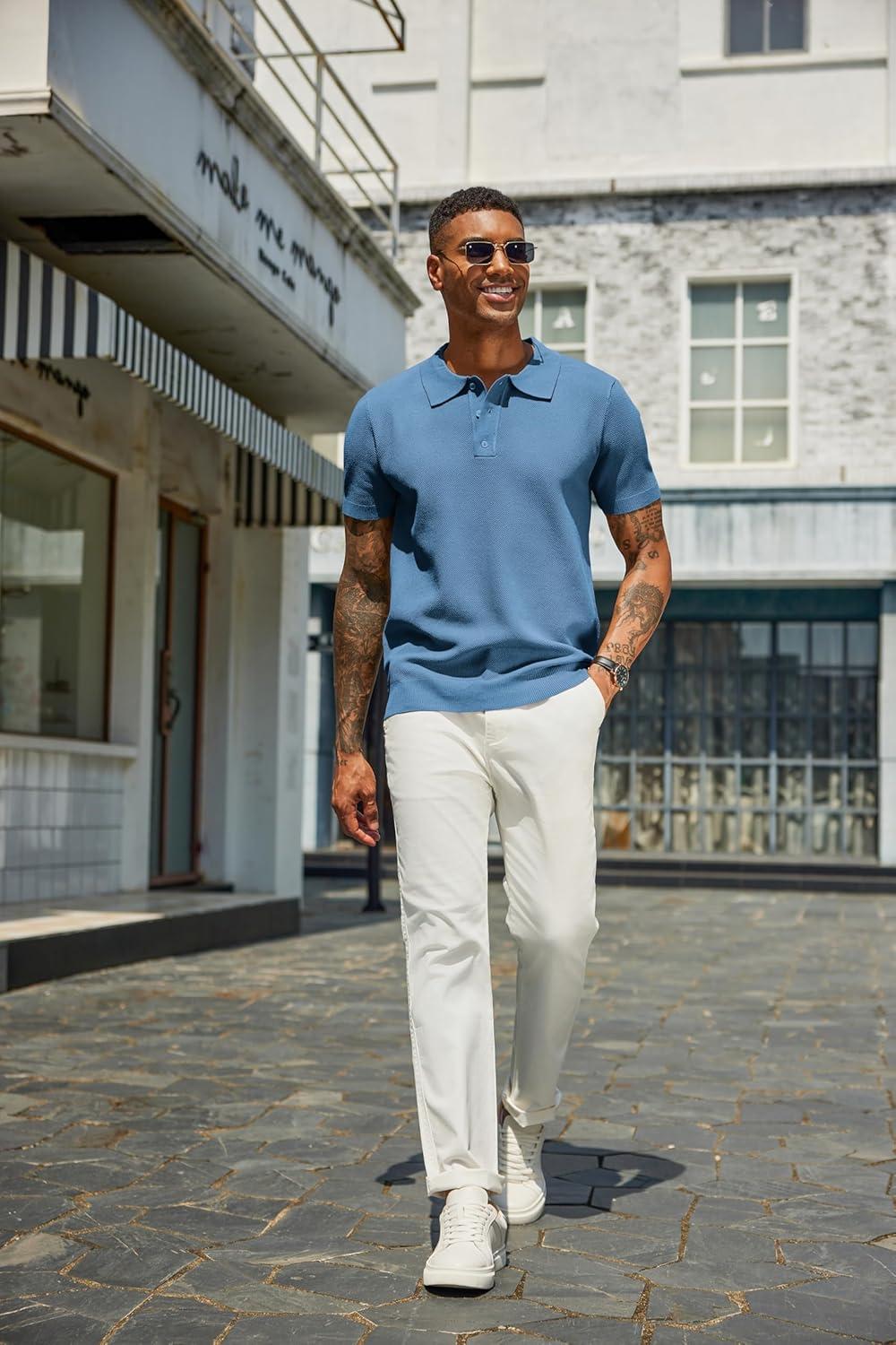 imageCOOFANDY Mens Knit Polo Shirts Short Sleeve Classic Fit Shirts Casual Goft Collared Textured T ShirtDark Blue
