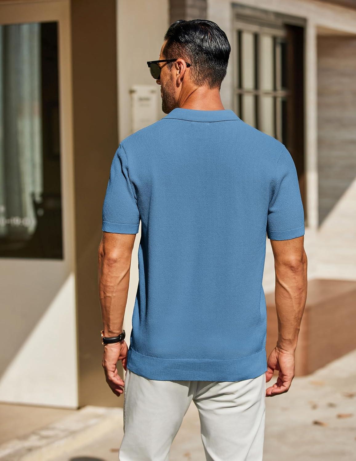 imageCOOFANDY Mens Knit Polo Shirts Short Sleeve Classic Fit Shirts Casual Goft Collared Textured T ShirtDark Blue