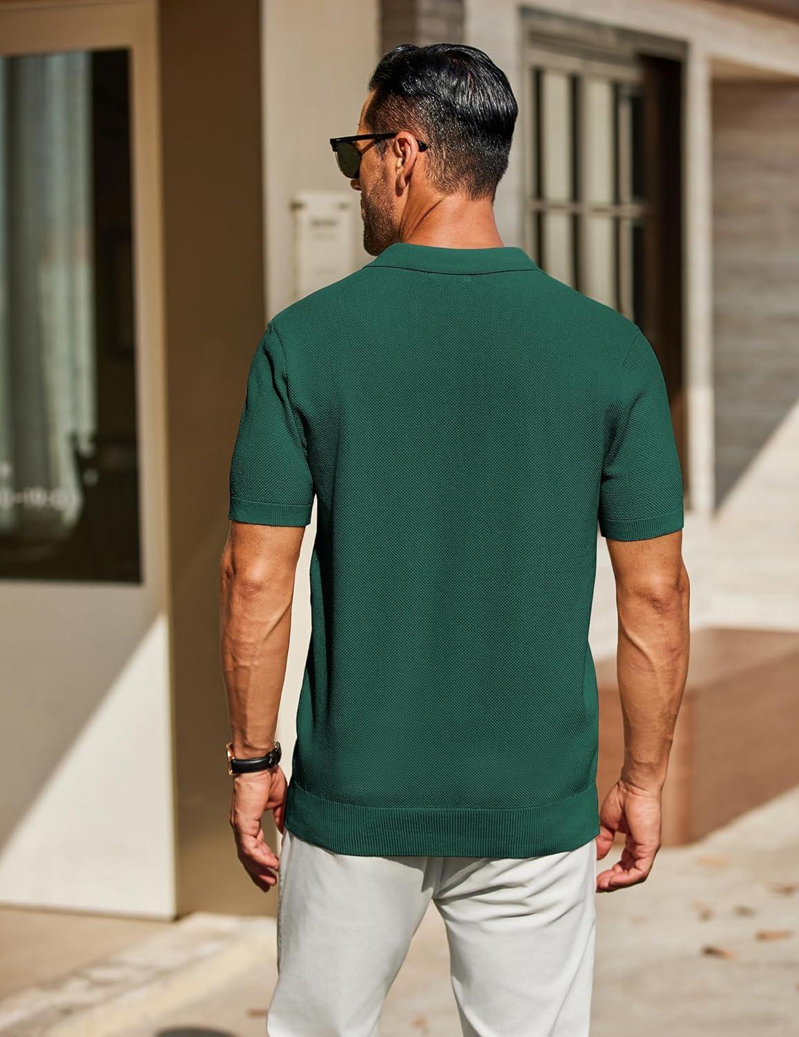 imageCOOFANDY Mens Knit Polo Shirts Short Sleeve Classic Fit Shirts Casual Goft Collared Textured T ShirtDark Green