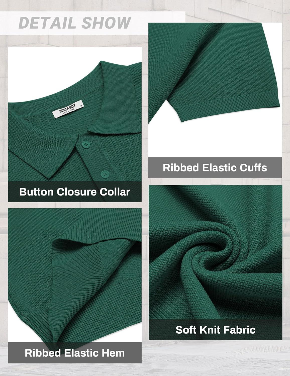 imageCOOFANDY Mens Knit Polo Shirts Short Sleeve Classic Fit Shirts Casual Goft Collared Textured T ShirtDark Green