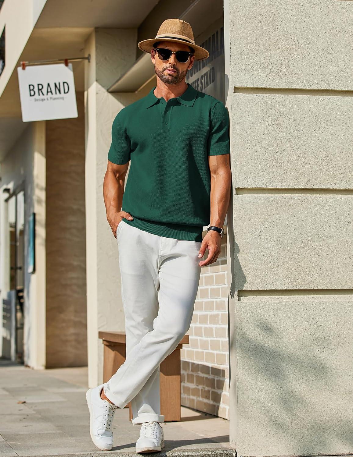 imageCOOFANDY Mens Knit Polo Shirts Short Sleeve Classic Fit Shirts Casual Goft Collared Textured T ShirtDark Green
