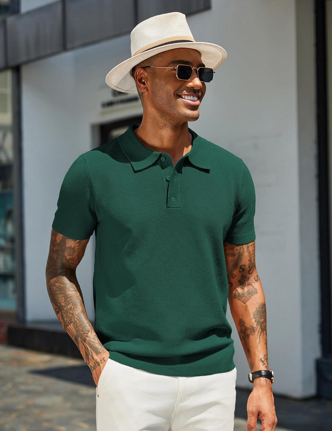 imageCOOFANDY Mens Knit Polo Shirts Short Sleeve Classic Fit Shirts Casual Goft Collared Textured T ShirtDark Green