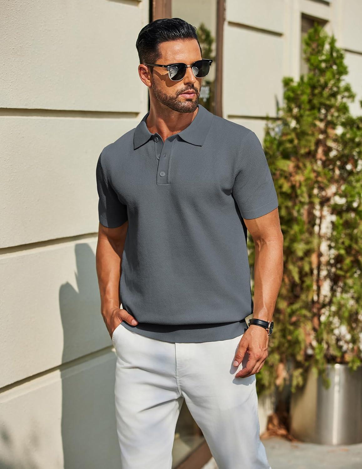 imageCOOFANDY Mens Knit Polo Shirts Short Sleeve Classic Fit Shirts Casual Goft Collared Textured T ShirtDark Grey