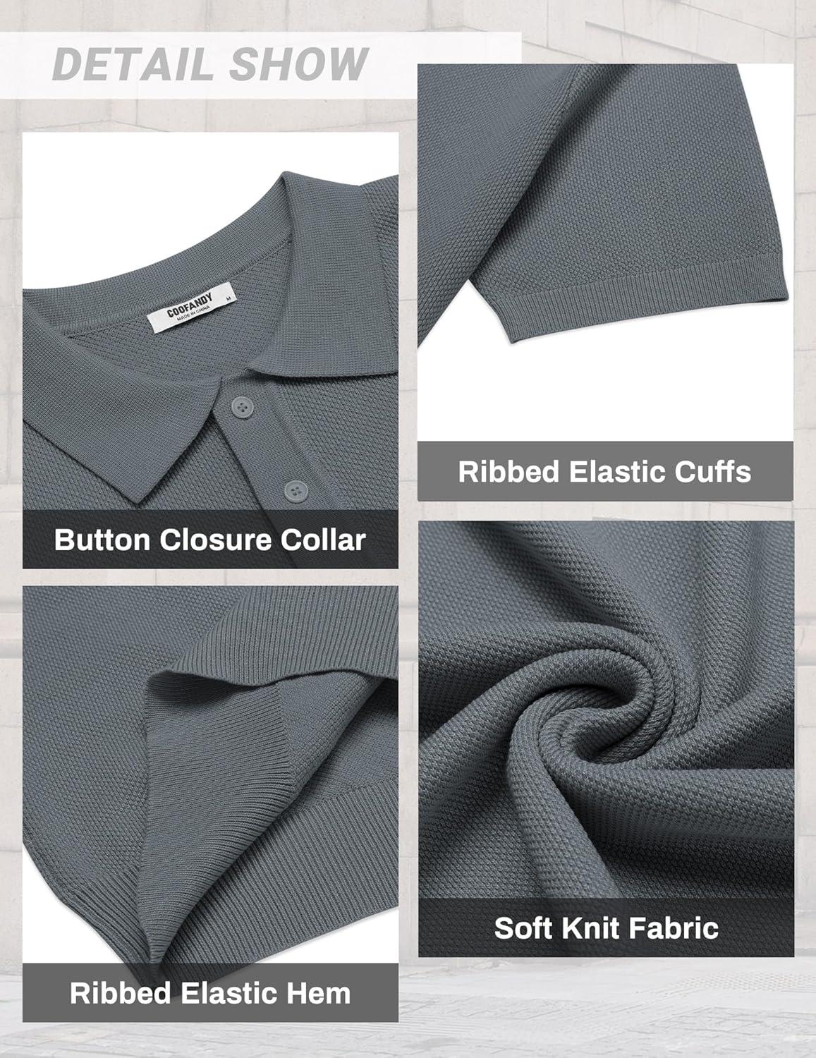 imageCOOFANDY Mens Knit Polo Shirts Short Sleeve Classic Fit Shirts Casual Goft Collared Textured T ShirtDark Grey