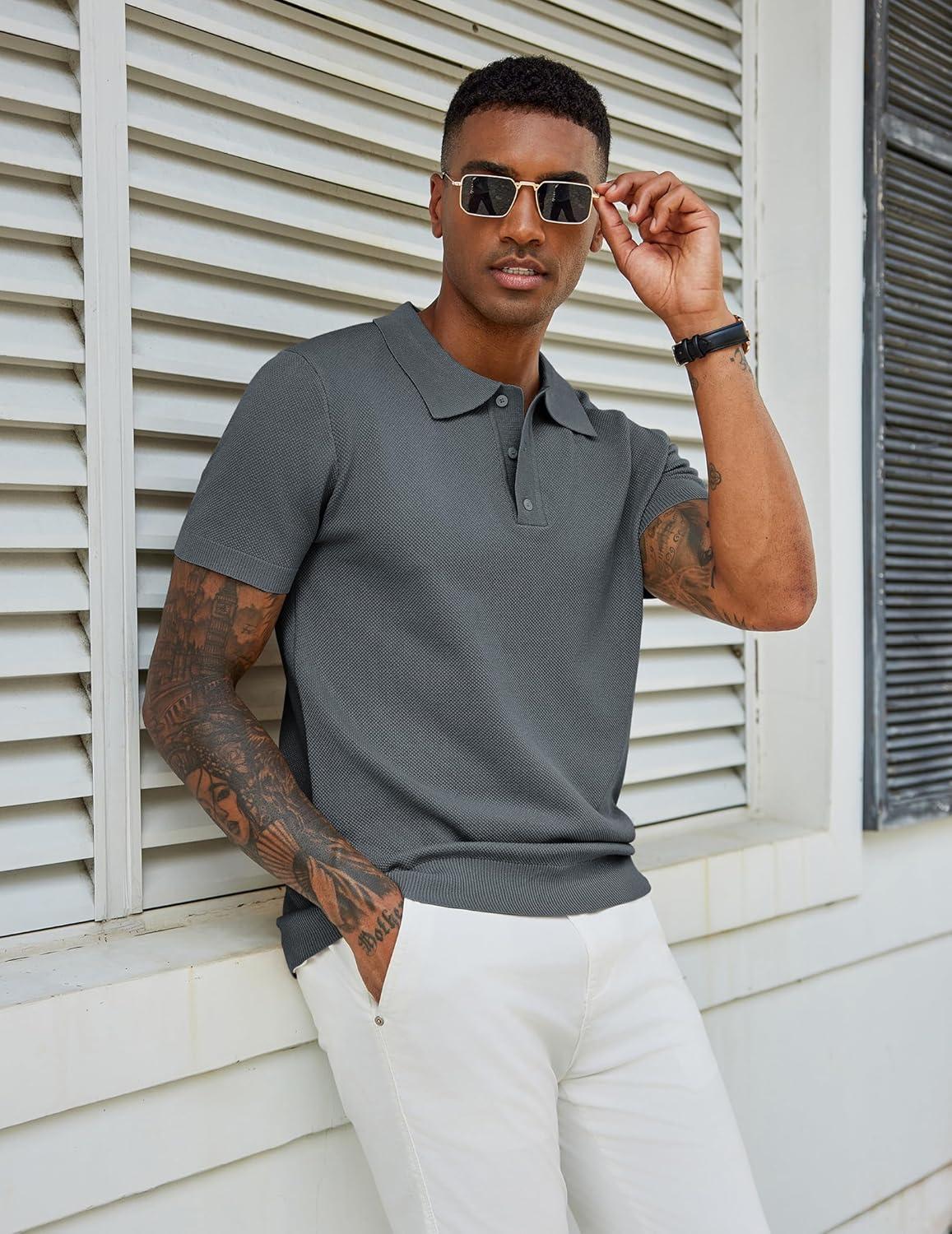 imageCOOFANDY Mens Knit Polo Shirts Short Sleeve Classic Fit Shirts Casual Goft Collared Textured T ShirtDark Grey