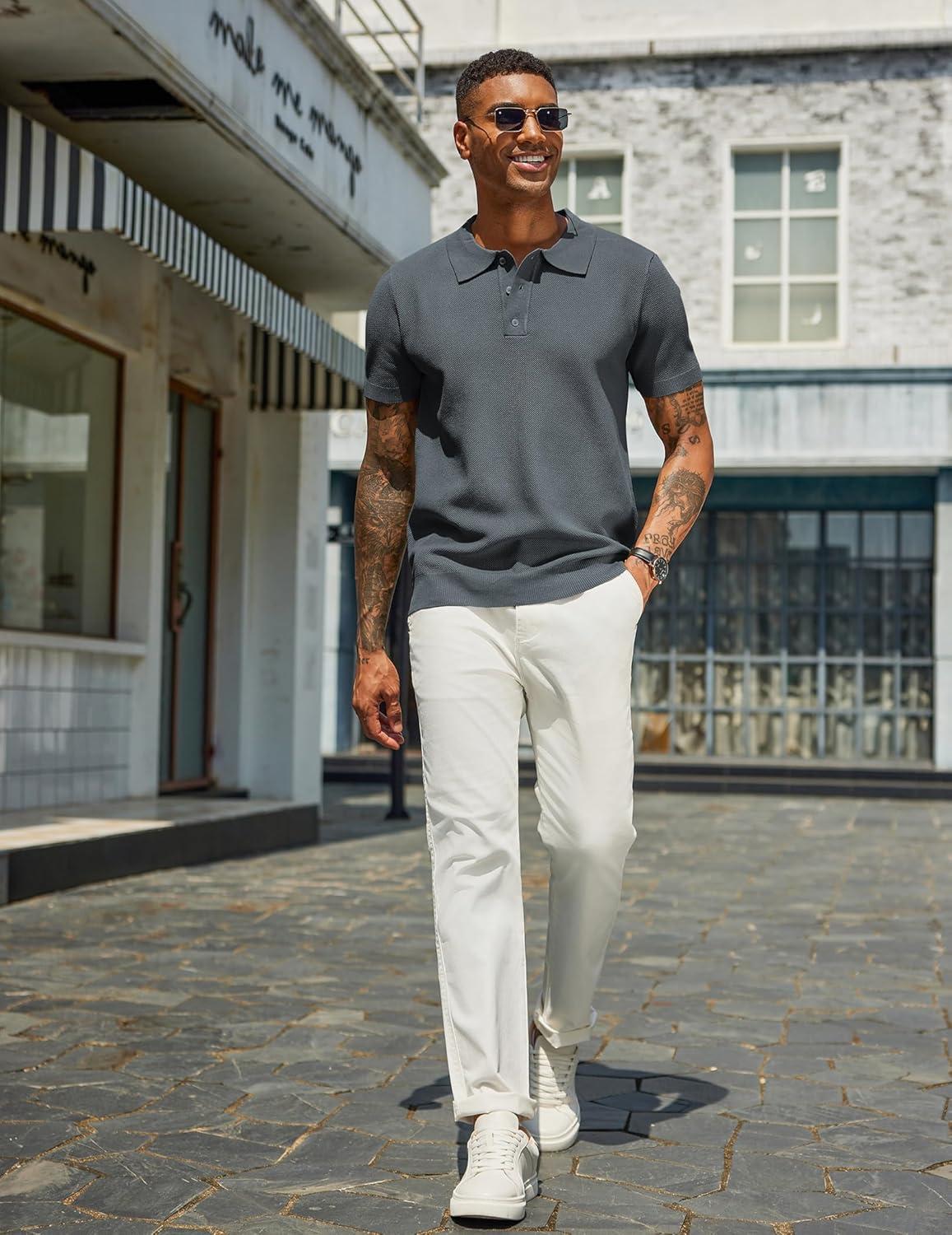 imageCOOFANDY Mens Knit Polo Shirts Short Sleeve Classic Fit Shirts Casual Goft Collared Textured T ShirtDark Grey