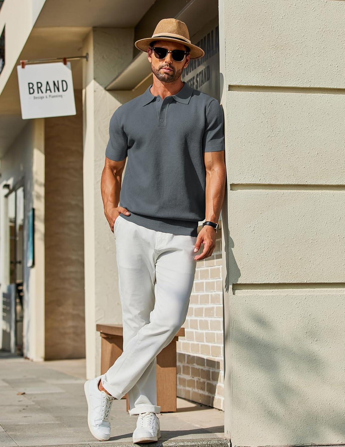 imageCOOFANDY Mens Knit Polo Shirts Short Sleeve Classic Fit Shirts Casual Goft Collared Textured T ShirtDark Grey