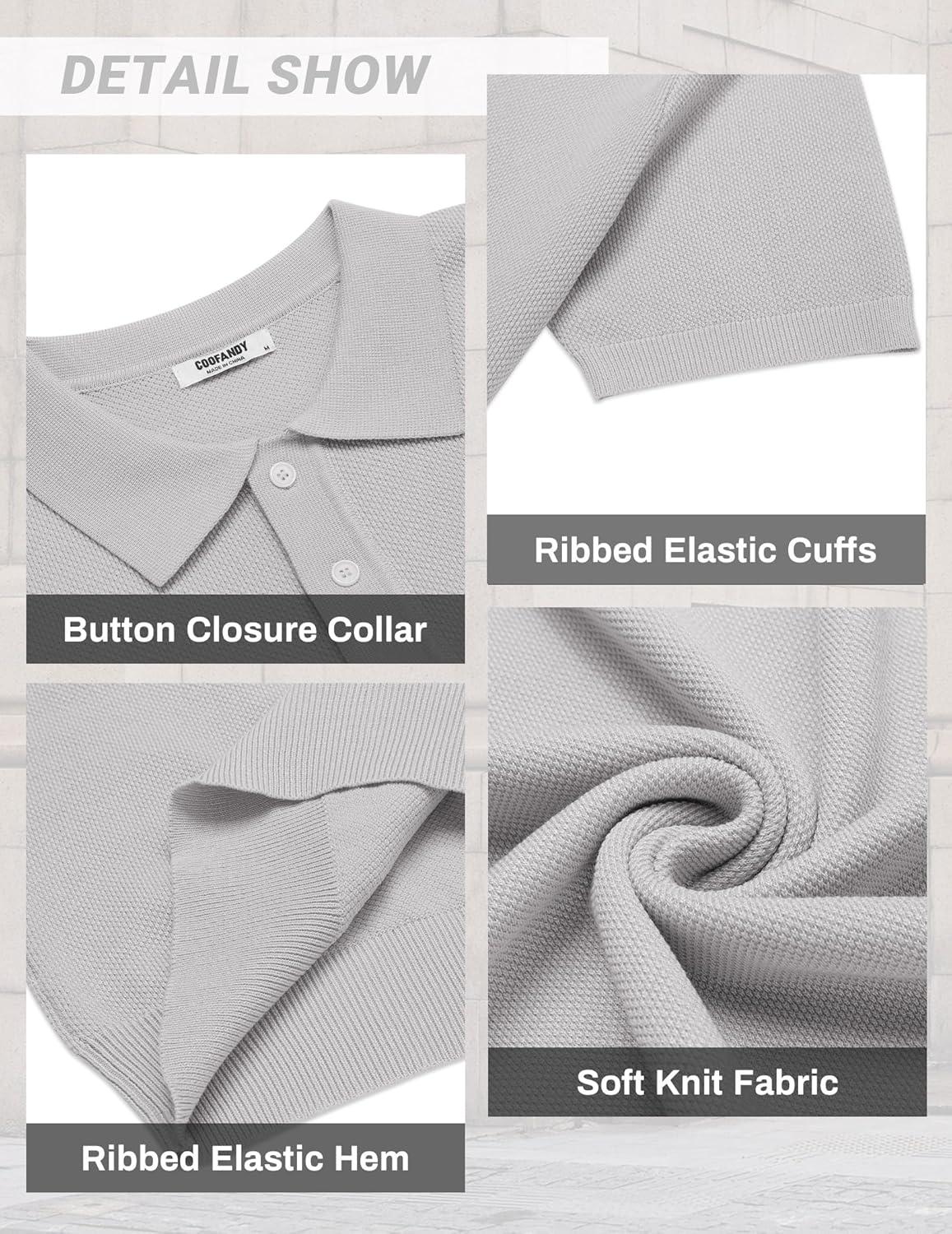 imageCOOFANDY Mens Knit Polo Shirts Short Sleeve Classic Fit Shirts Casual Goft Collared Textured T ShirtGrey