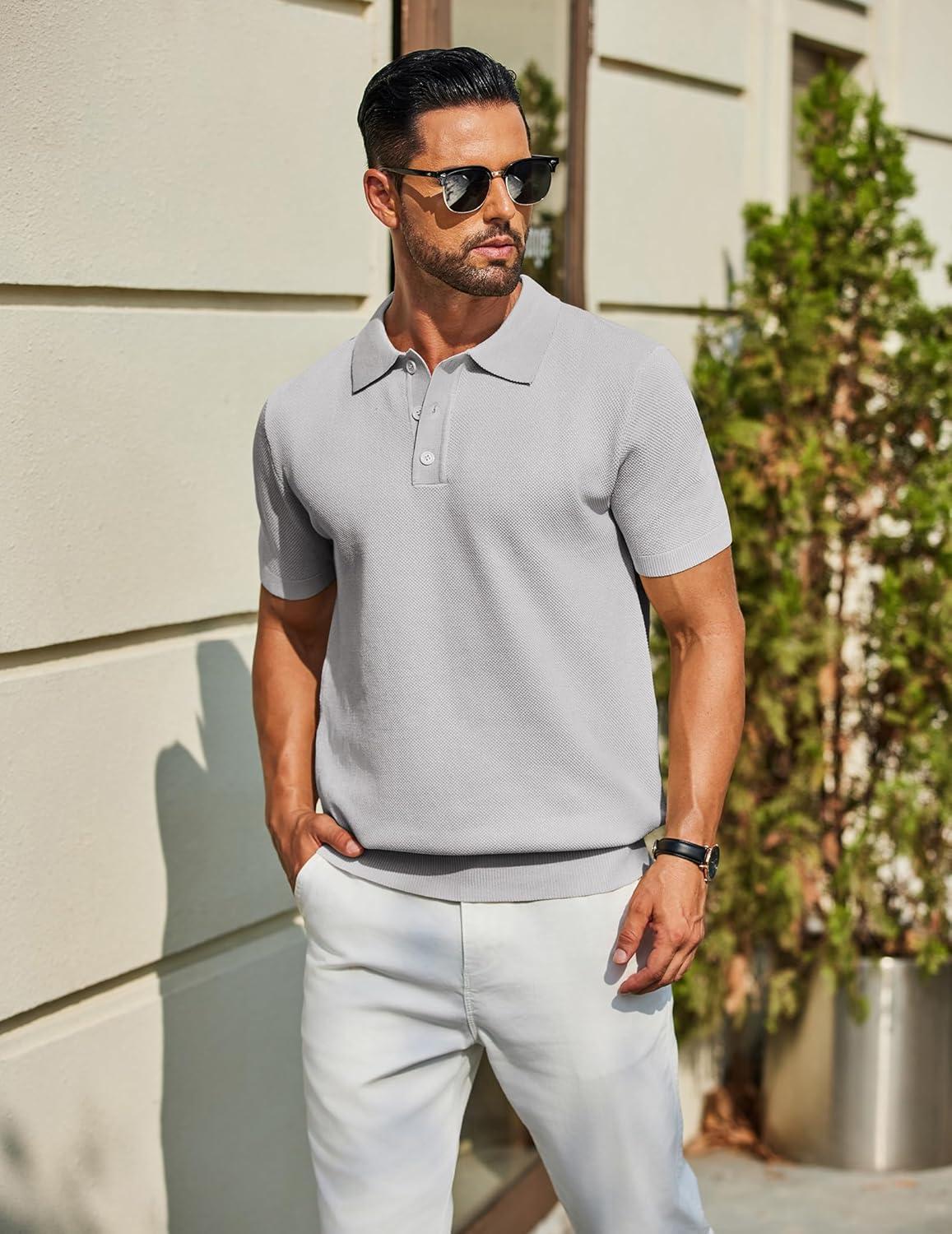 imageCOOFANDY Mens Knit Polo Shirts Short Sleeve Classic Fit Shirts Casual Goft Collared Textured T ShirtGrey