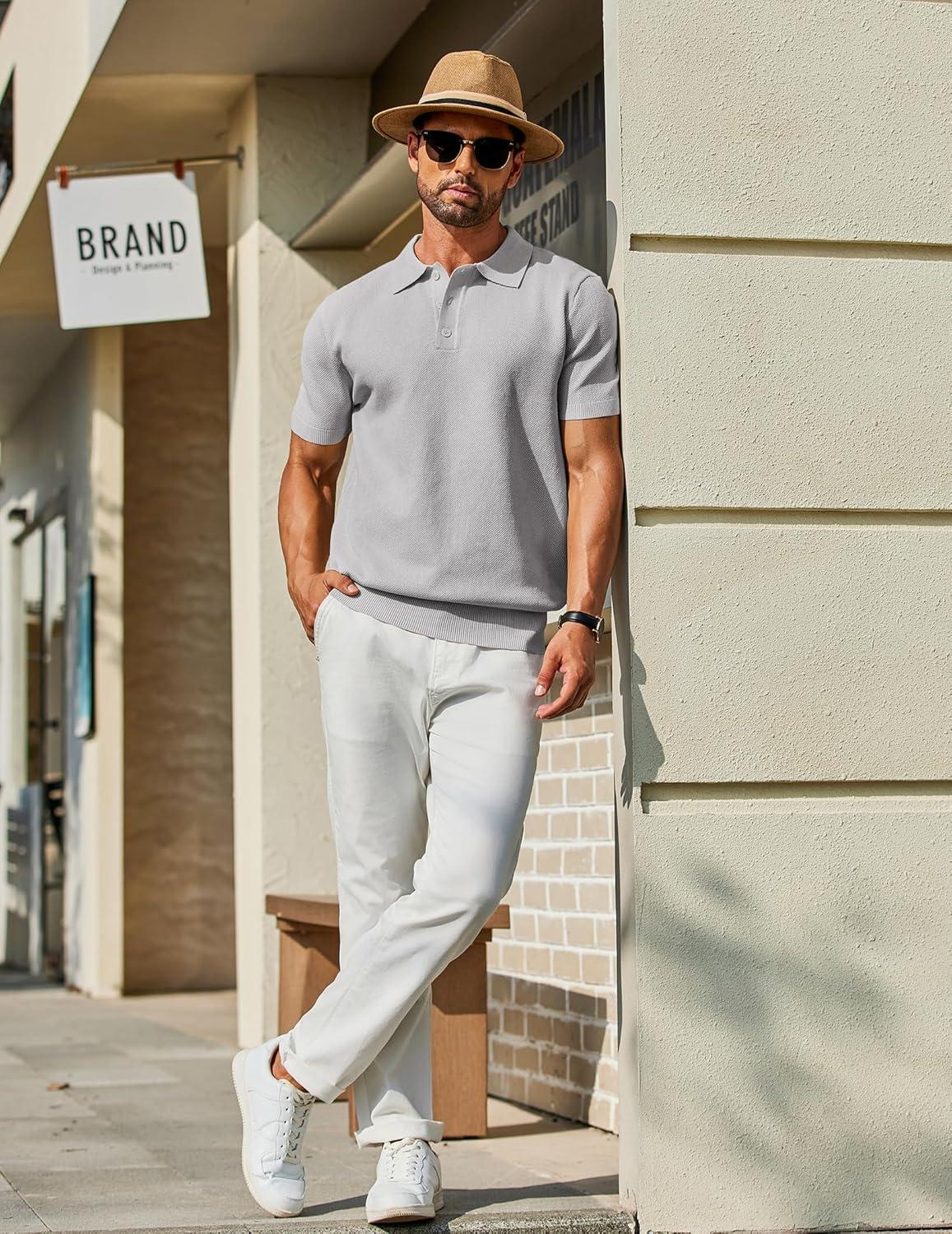 imageCOOFANDY Mens Knit Polo Shirts Short Sleeve Classic Fit Shirts Casual Goft Collared Textured T ShirtGrey