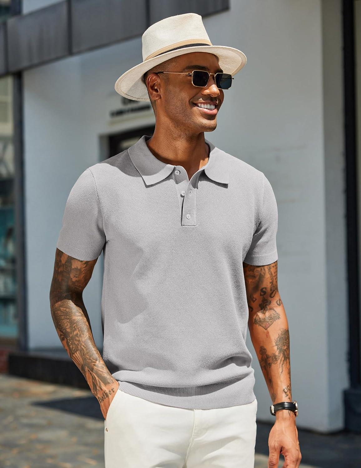 imageCOOFANDY Mens Knit Polo Shirts Short Sleeve Classic Fit Shirts Casual Goft Collared Textured T ShirtGrey