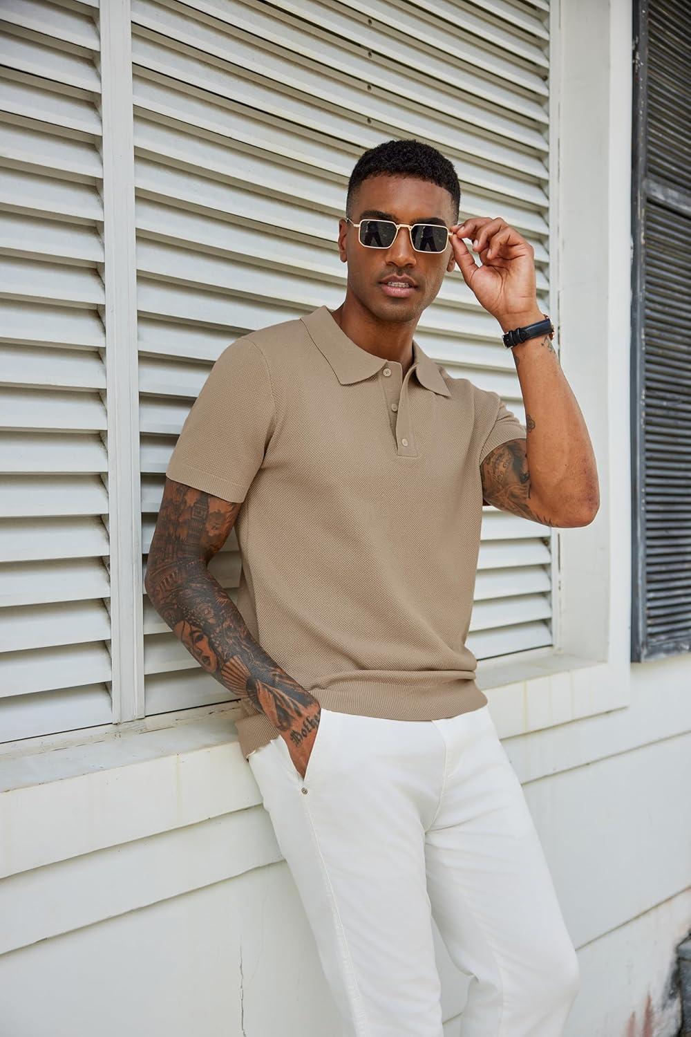 imageCOOFANDY Mens Knit Polo Shirts Short Sleeve Classic Fit Shirts Casual Goft Collared Textured T ShirtKhaki