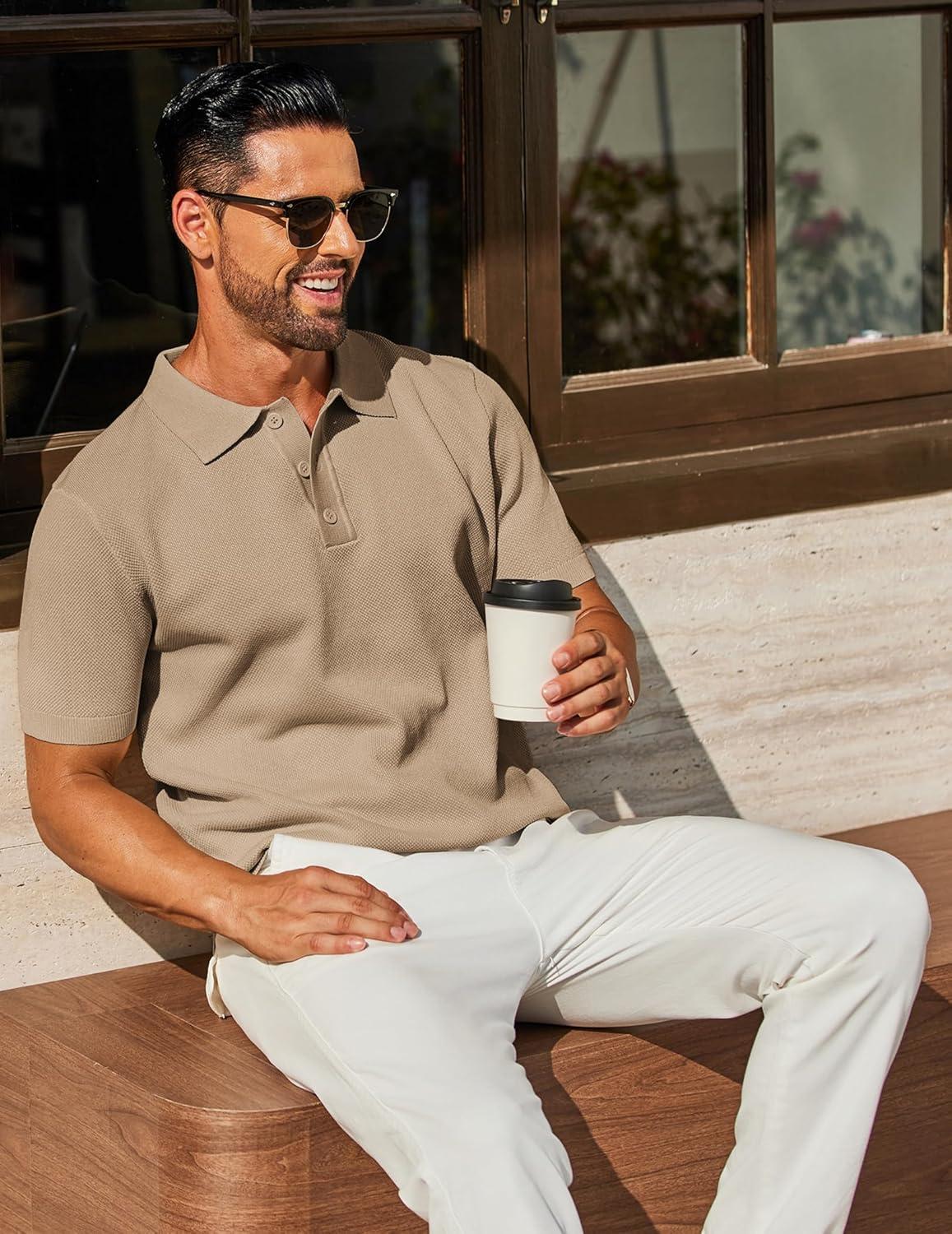 imageCOOFANDY Mens Knit Polo Shirts Short Sleeve Classic Fit Shirts Casual Goft Collared Textured T ShirtKhaki