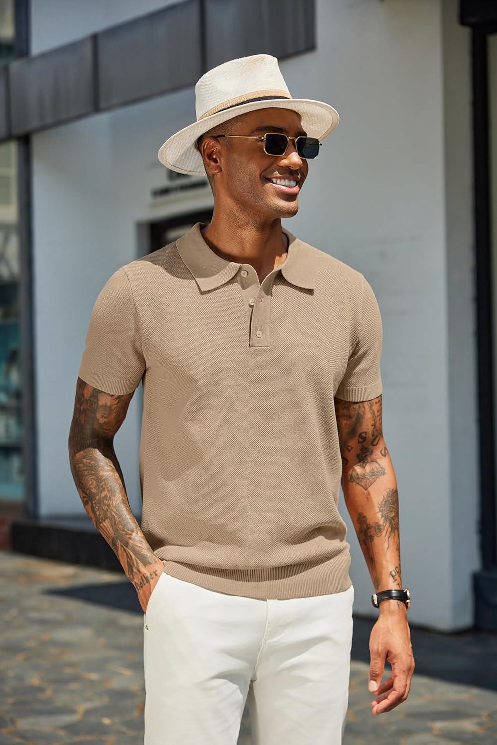 imageCOOFANDY Mens Knit Polo Shirts Short Sleeve Classic Fit Shirts Casual Goft Collared Textured T ShirtKhaki