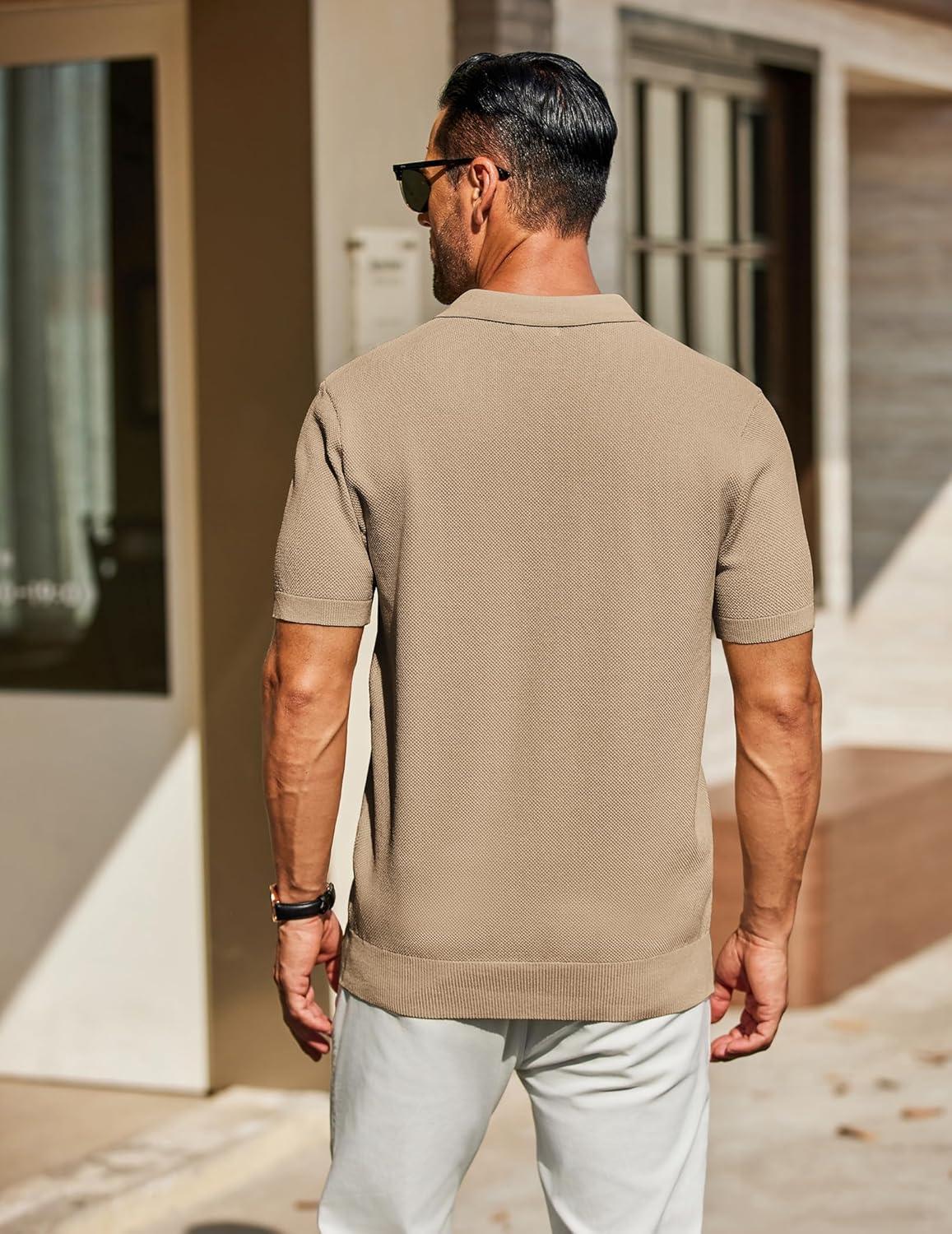 imageCOOFANDY Mens Knit Polo Shirts Short Sleeve Classic Fit Shirts Casual Goft Collared Textured T ShirtKhaki