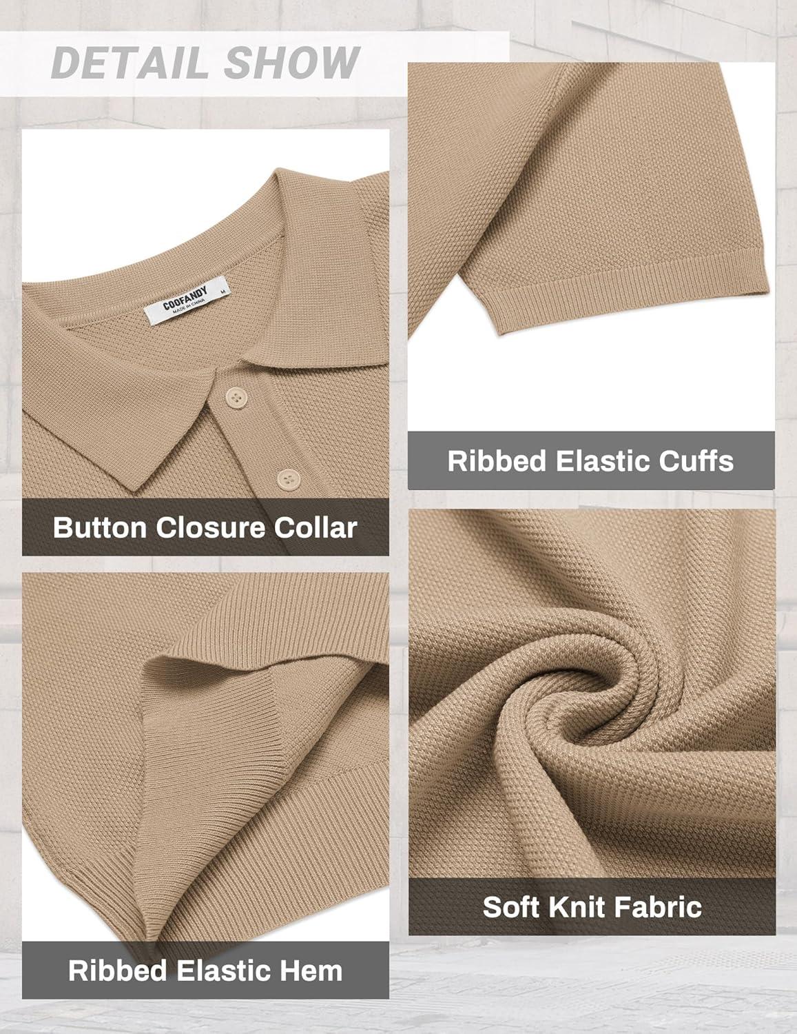 imageCOOFANDY Mens Knit Polo Shirts Short Sleeve Classic Fit Shirts Casual Goft Collared Textured T ShirtKhaki