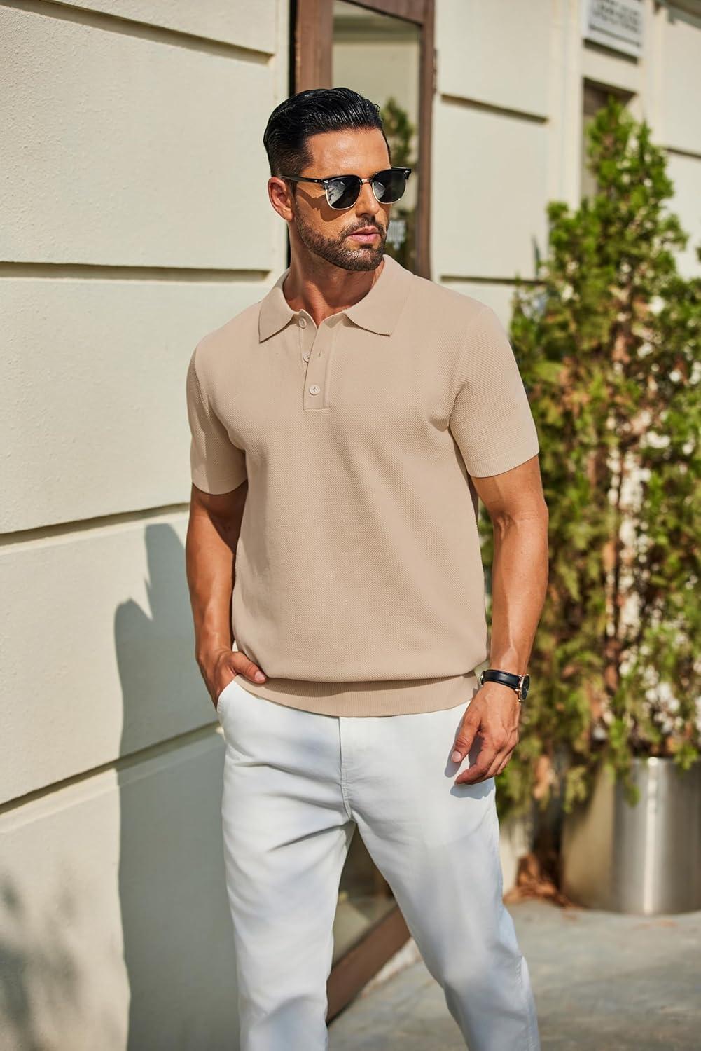 imageCOOFANDY Mens Knit Polo Shirts Short Sleeve Classic Fit Shirts Casual Goft Collared Textured T ShirtLight Khaki