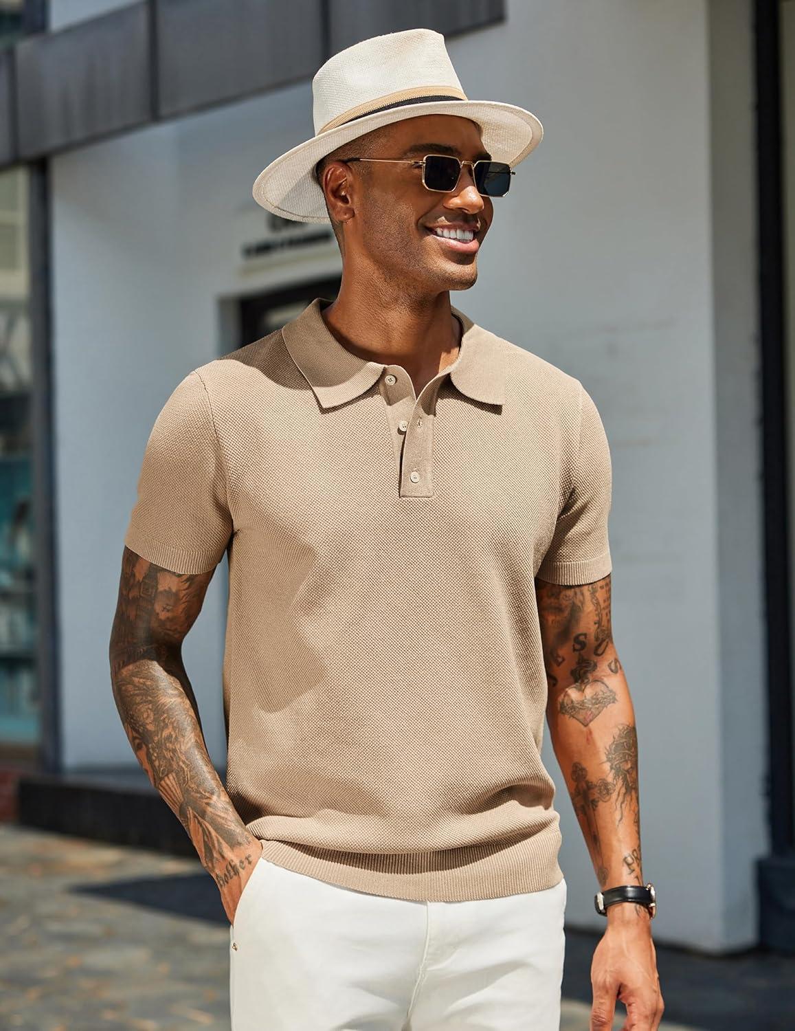 imageCOOFANDY Mens Knit Polo Shirts Short Sleeve Classic Fit Shirts Casual Goft Collared Textured T ShirtLight Khaki