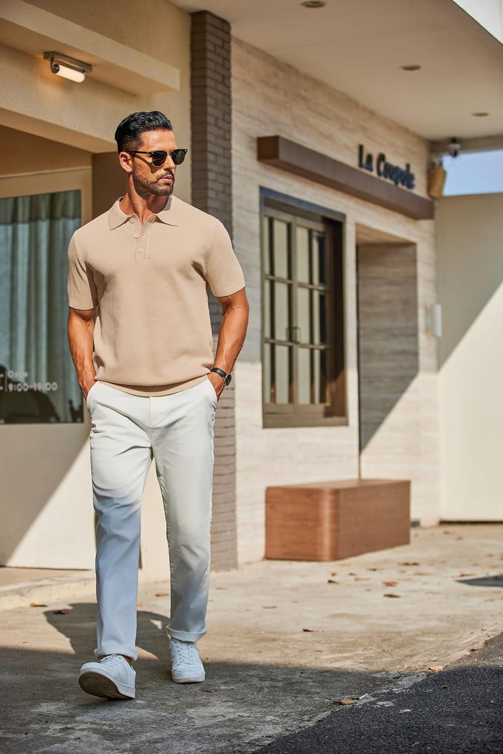 imageCOOFANDY Mens Knit Polo Shirts Short Sleeve Classic Fit Shirts Casual Goft Collared Textured T ShirtLight Khaki