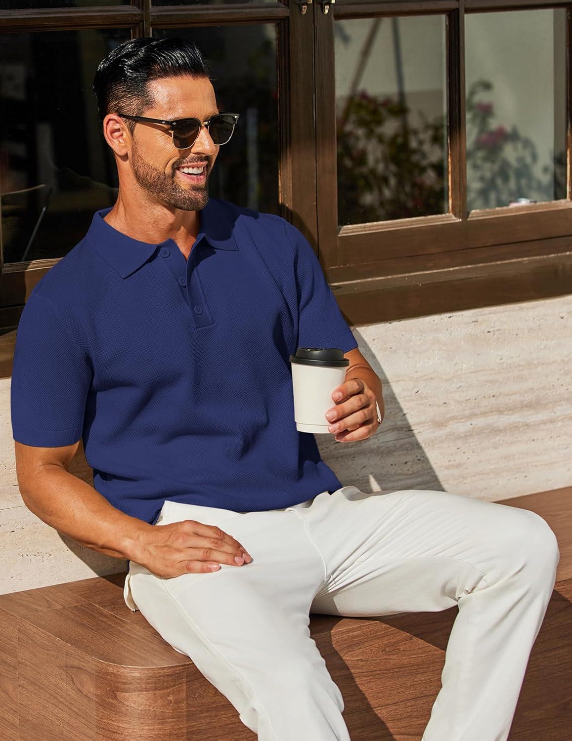 imageCOOFANDY Mens Knit Polo Shirts Short Sleeve Classic Fit Shirts Casual Goft Collared Textured T ShirtNavy Blue