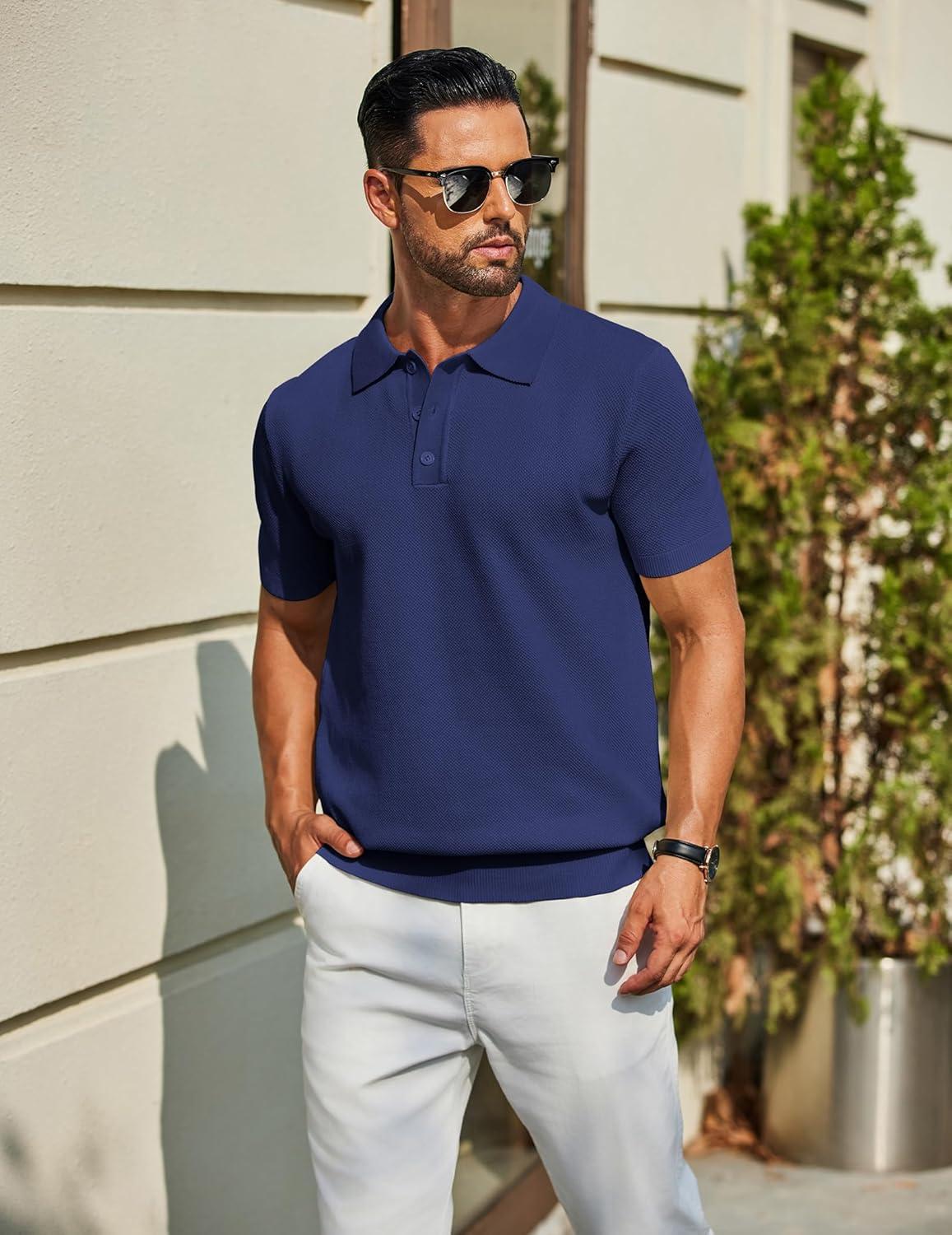 imageCOOFANDY Mens Knit Polo Shirts Short Sleeve Classic Fit Shirts Casual Goft Collared Textured T ShirtNavy Blue