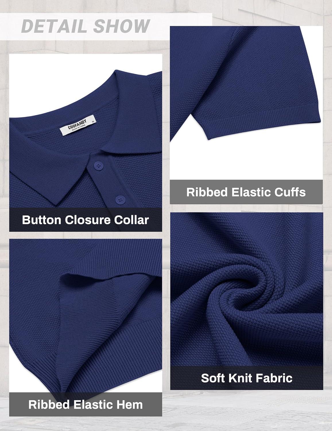 imageCOOFANDY Mens Knit Polo Shirts Short Sleeve Classic Fit Shirts Casual Goft Collared Textured T ShirtNavy Blue