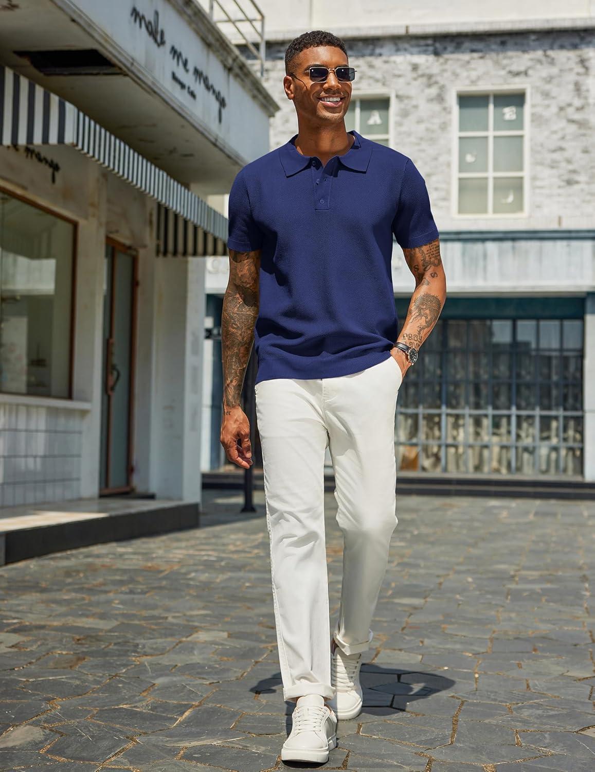 imageCOOFANDY Mens Knit Polo Shirts Short Sleeve Classic Fit Shirts Casual Goft Collared Textured T ShirtNavy Blue