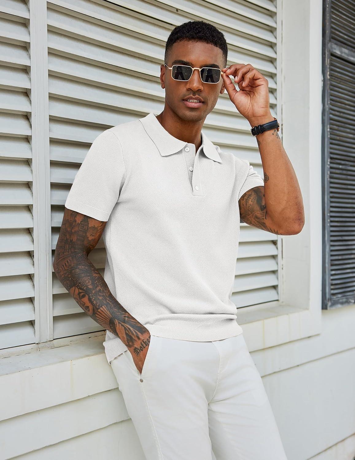 imageCOOFANDY Mens Knit Polo Shirts Short Sleeve Classic Fit Shirts Casual Goft Collared Textured T ShirtWhite