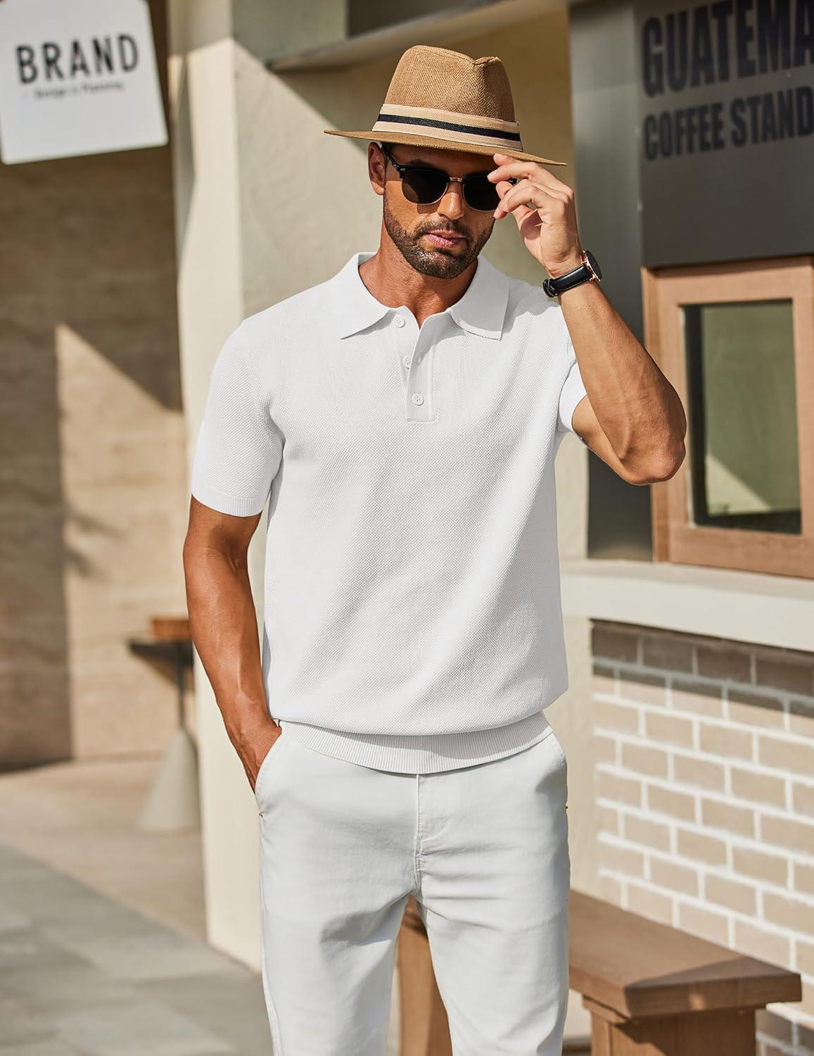 imageCOOFANDY Mens Knit Polo Shirts Short Sleeve Classic Fit Shirts Casual Goft Collared Textured T ShirtWhite